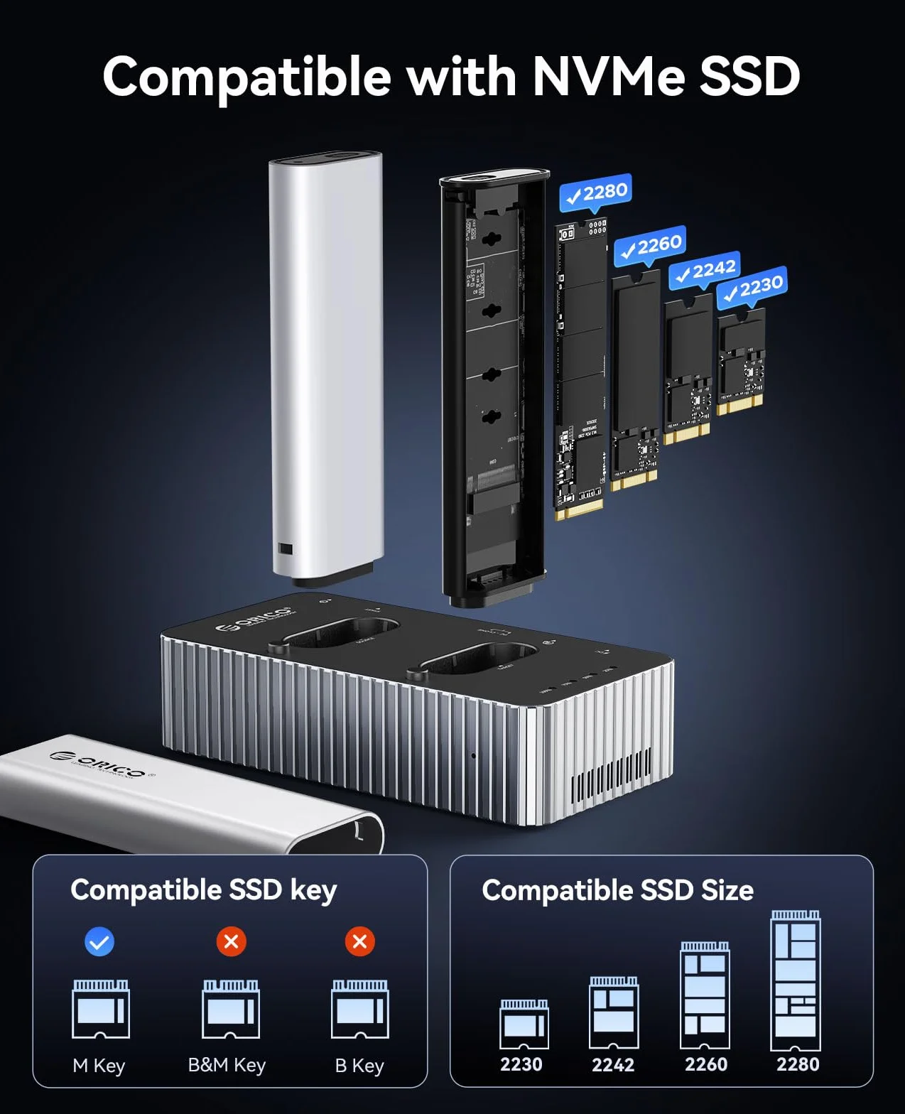 ORICO M.2 NVMe SSD Clone Stacja dokująca, 40 Gbps M2 NVMe SSD Cloner Dock, Dual Bay M.2 NVMe SSD stacja dokująca z wentylatorem, obsługuje klonowanie offline, kompatybilna z NVMe SSD 2230/2242/2260