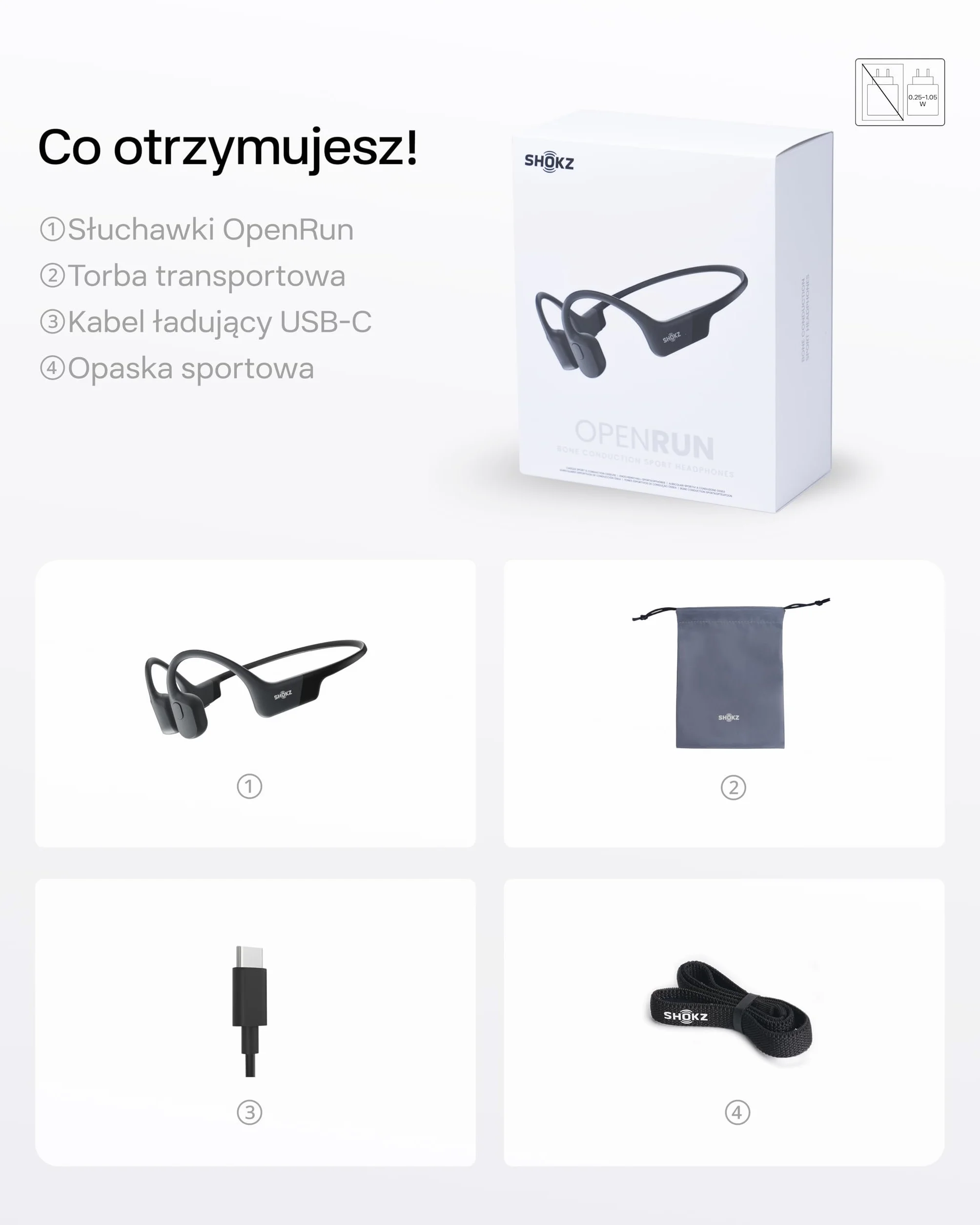 Słuchawki SHOKZ OpenRun z przewodnictwem kostnym, bezprzewodowe słuchawki sportowe Bluetooth z mikrofonem, wodoodporne IP67, idealne do biegania i treningów, 8 godzin odtwarzania, USB-C, czarne