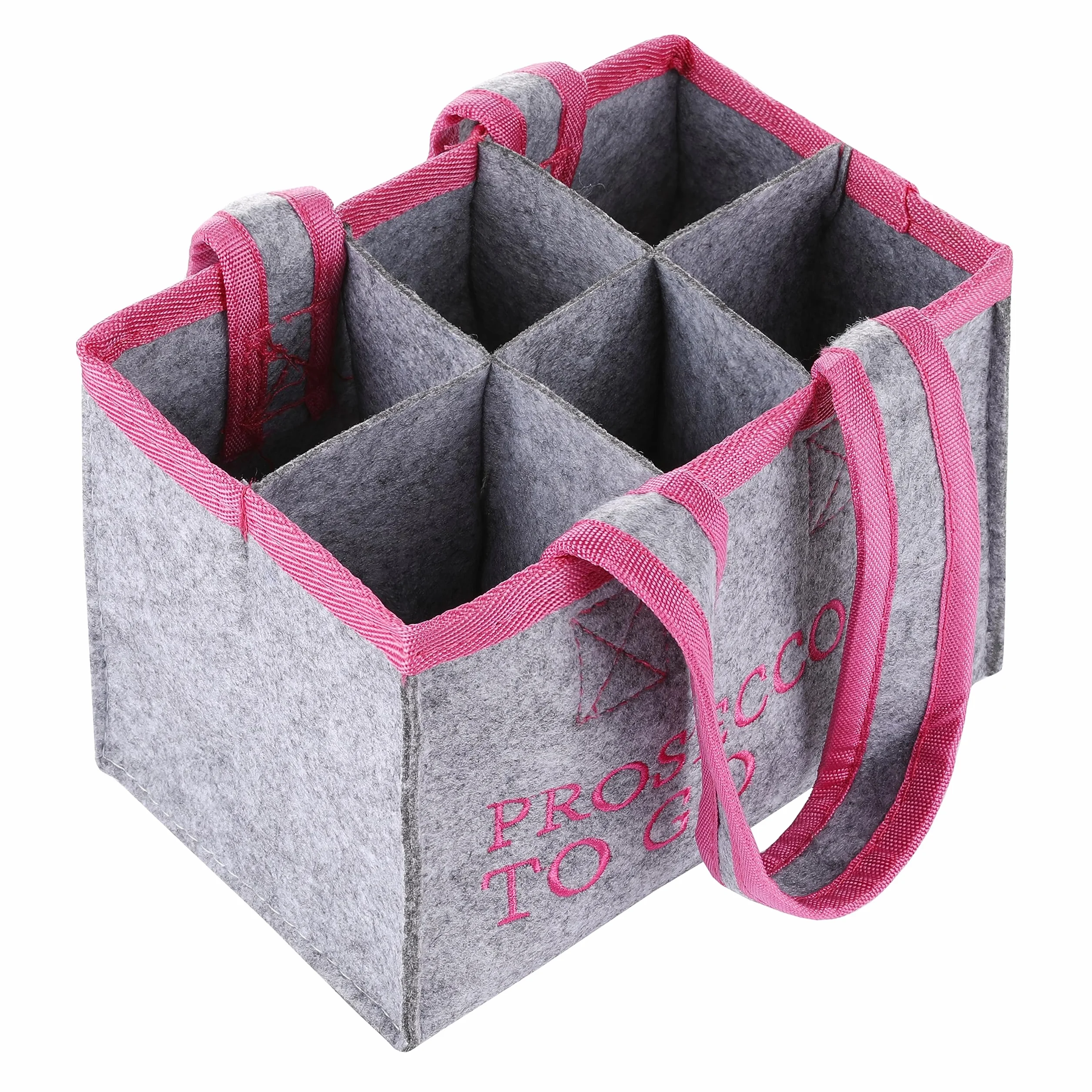 FunX Torba na butelki Prosecco to go – filcowa torba na 6 butelek – szara z uchwytami do noszenia i nadrukiem – wszechstronne zastosowanie – 19 x 12 x 14 cm, szary/różowy, torba na napoje