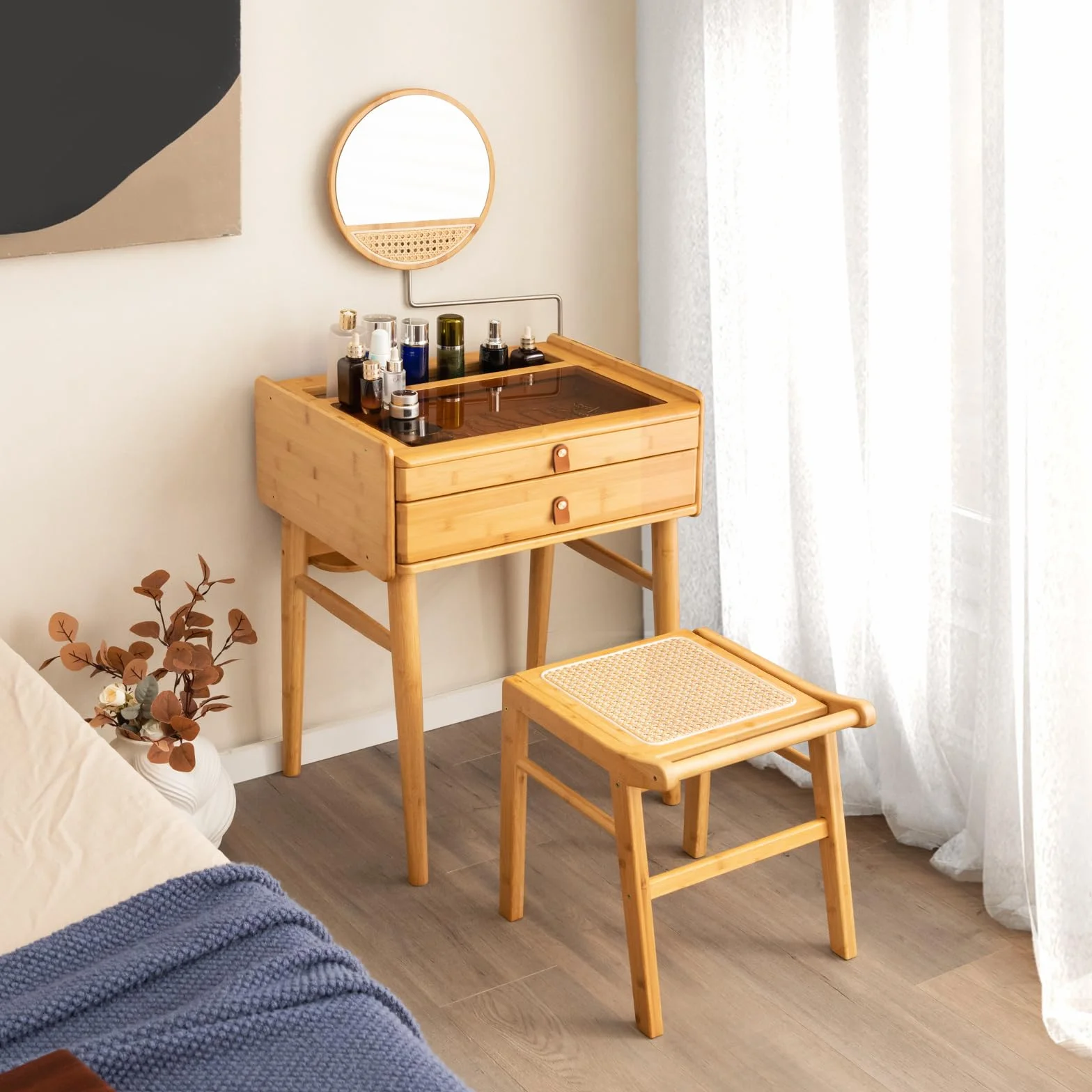 COSTWAY Taboret do siedzenia z bambusa, obciążenie do 120 kg, rattanowy, do garderoby