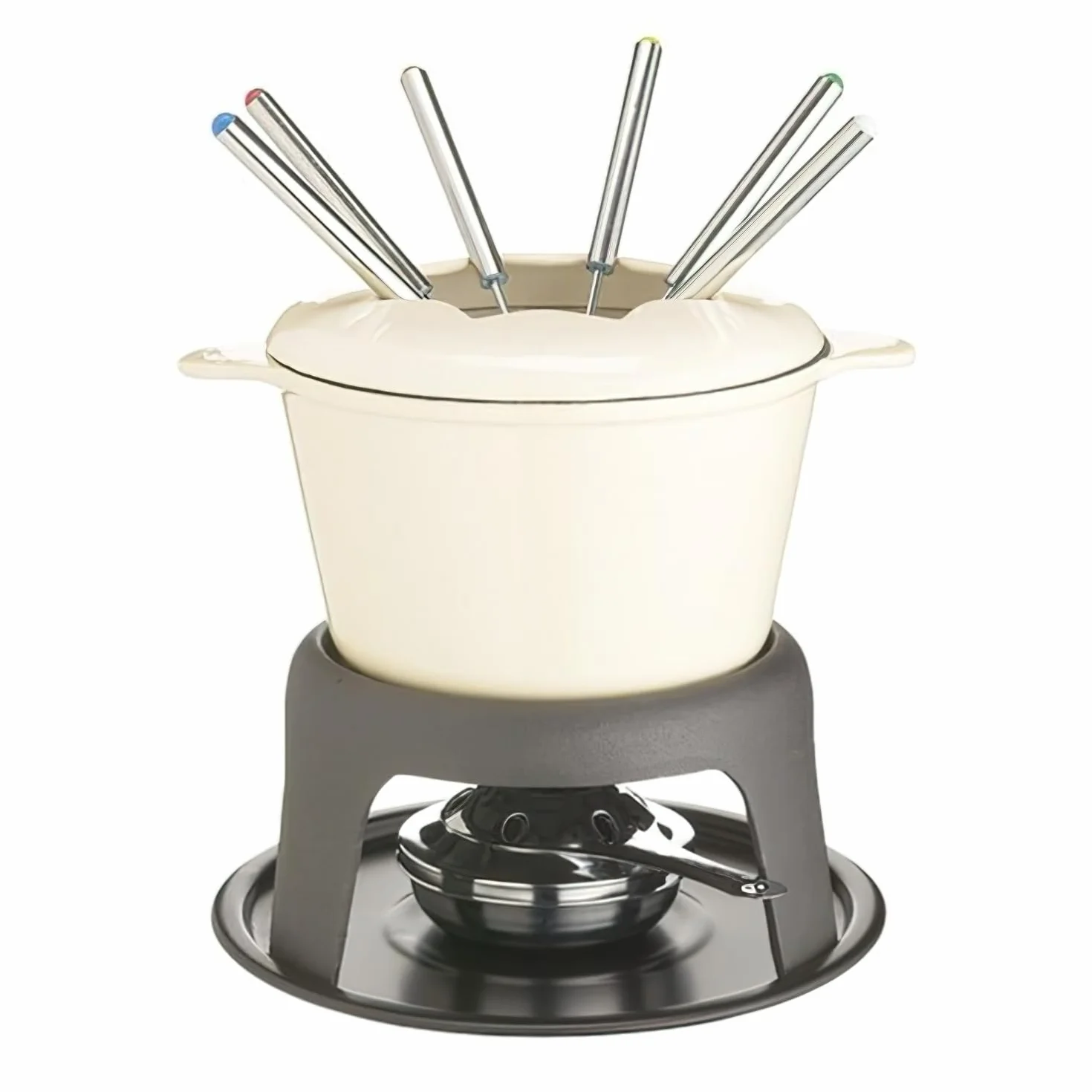 MasterClass Zestaw do fondue z żeliwa, garnek do fondue z 6 widelcami i emaliowaną miską z żeliwa, doskonała retencja ciepła i regulowany palnik, w pudełku prezentowym, kremowy, 21 x 18 cm