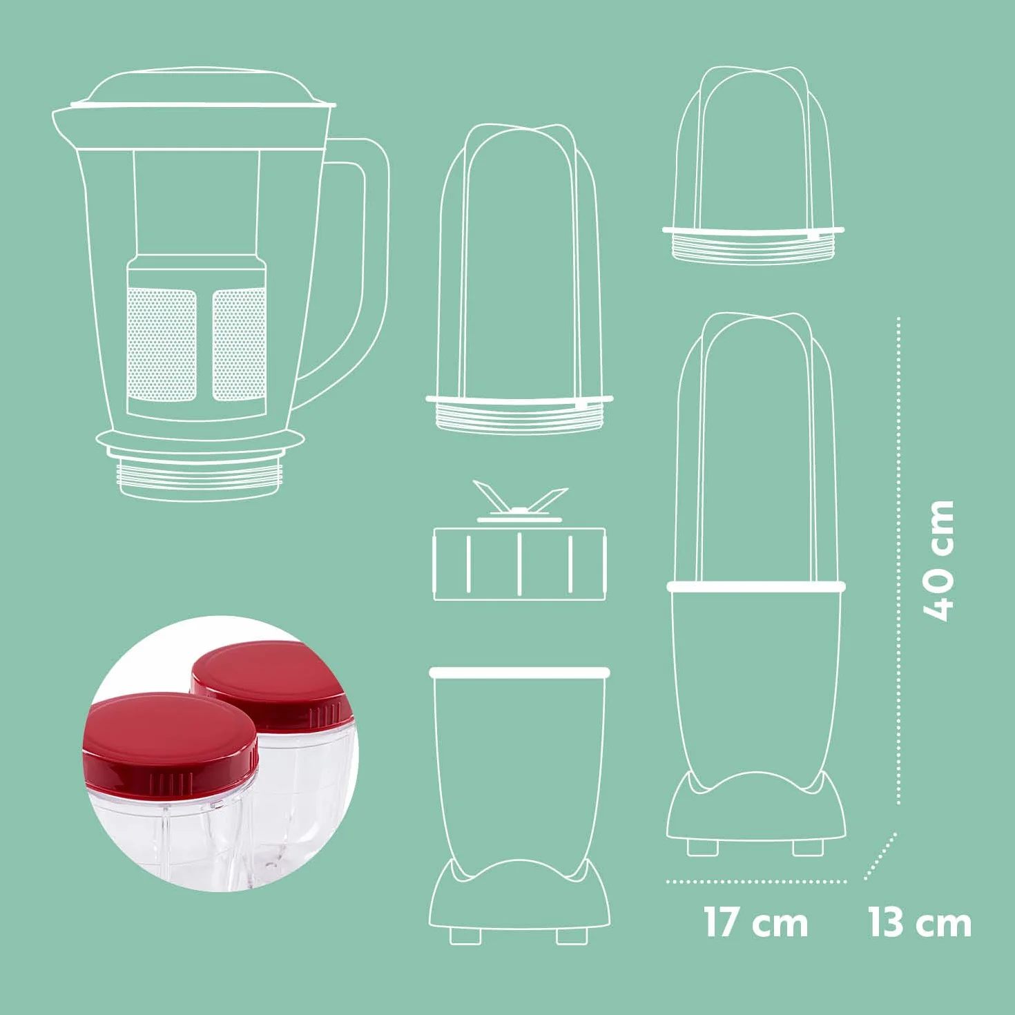 GOURMETmaxx Mr. Magic Mixer Smoothie Maker Mikser stojący 18-częściowy Blender z auslaufsicheren Frischhaltedeckeln
