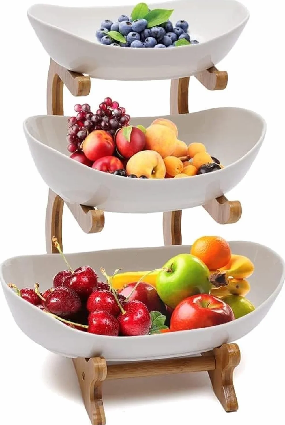 Ceramiczna etażerka na owoce 3 poziomy, stabilna, naturalny bambus, miska na warzywa