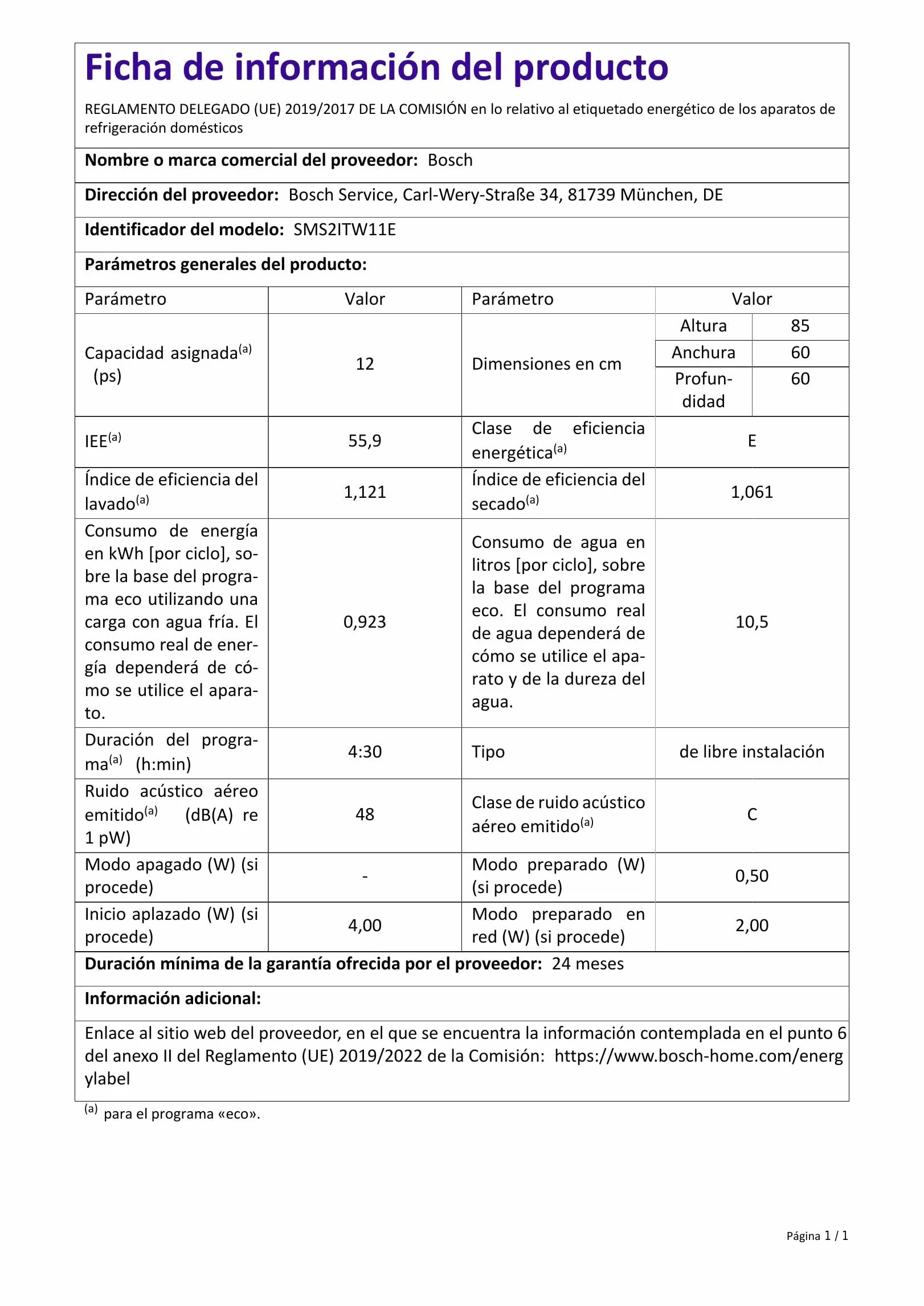 Bosch SMS2ITW11E Seria 2 Zmywarka swobodnie pozycjonowanie 60 cm biały