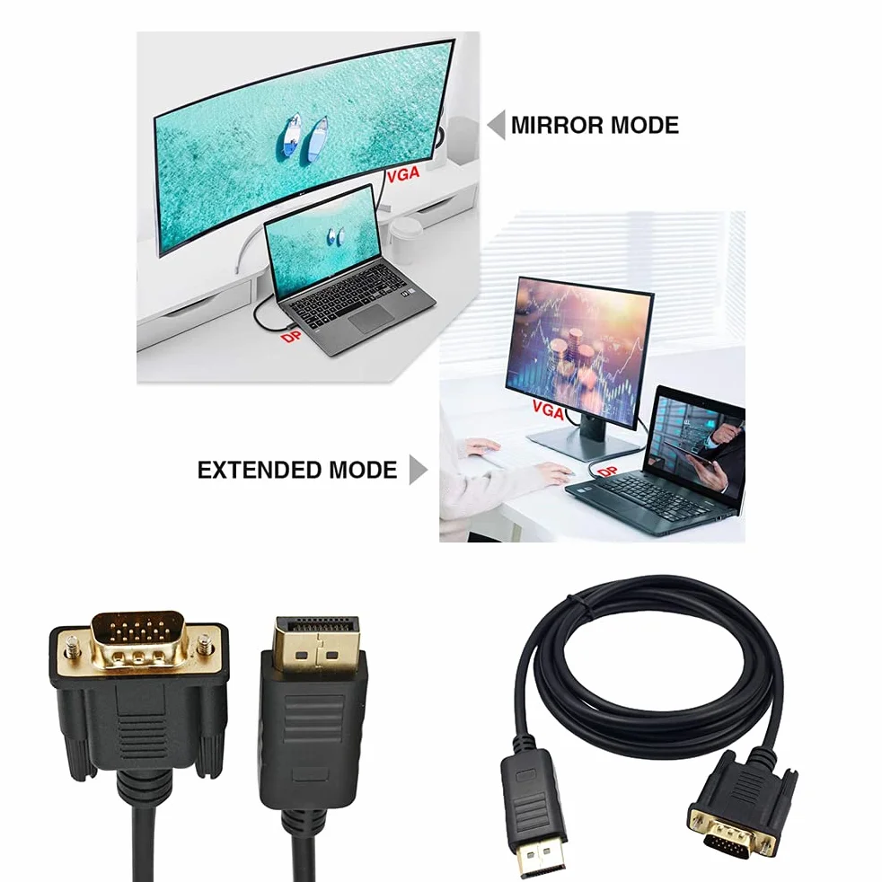 Adapter Kabla na VGA 1,8 M, Męski Konwerter DisplayPort na VGA z Pozłacanymi Złączami, Obsługa Rozdzielczości Wideo 1080P dla Monitora Komputerowego (Black)