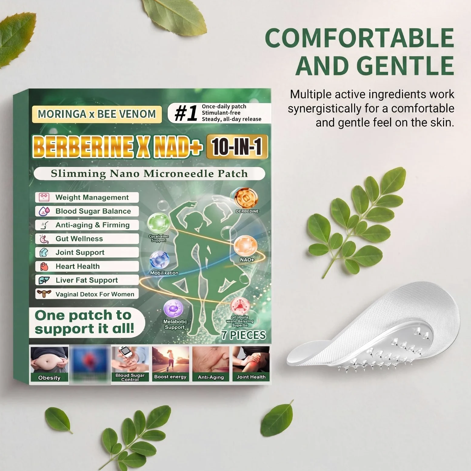 Plaster odchudzający Nano Microneedle, Plaster Moringa x Berberine 10 w 1, naturalne składniki, łatwa w aplikacji, niewidoczna pod ubraniem, idealna dla mężczyzn i kobiet