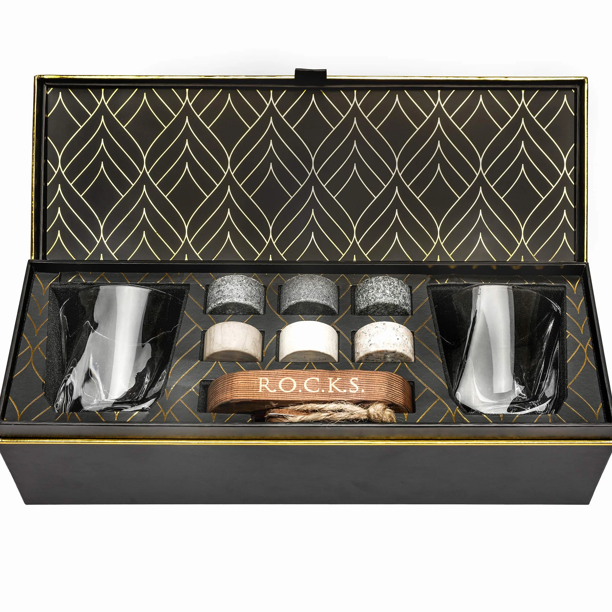 R.O.C.K.S. Kamienie chłodzące do whisky 6 sztuk kryształowe szklanki etui prezentowe