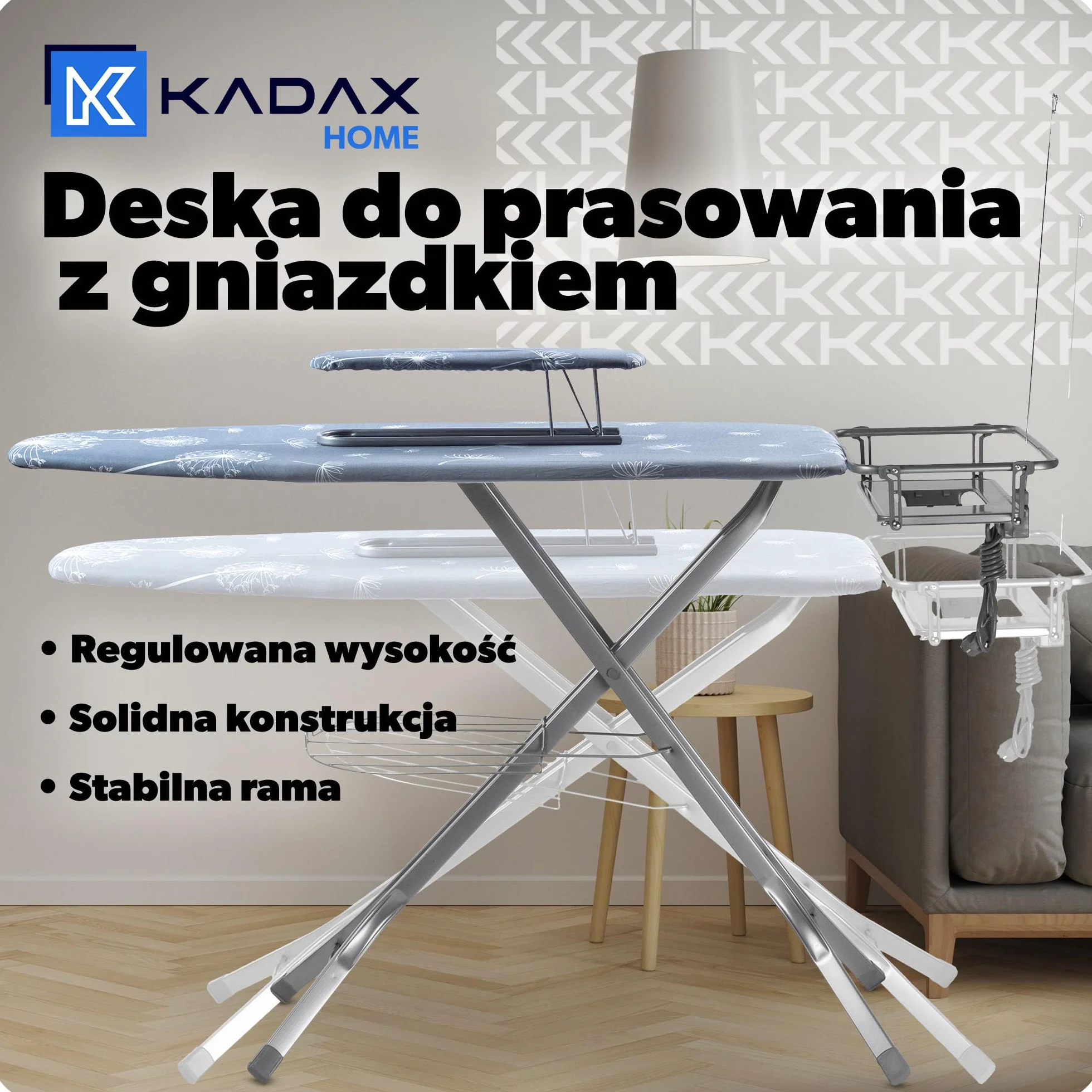 Kadax Składana deska do prasowania z wtyczką, regulacją wysokości, zdejmowanym pokrowcem, rękawem do prasowania oraz uchwytem na żelazko i wspornikiem na kabel (niebieska)