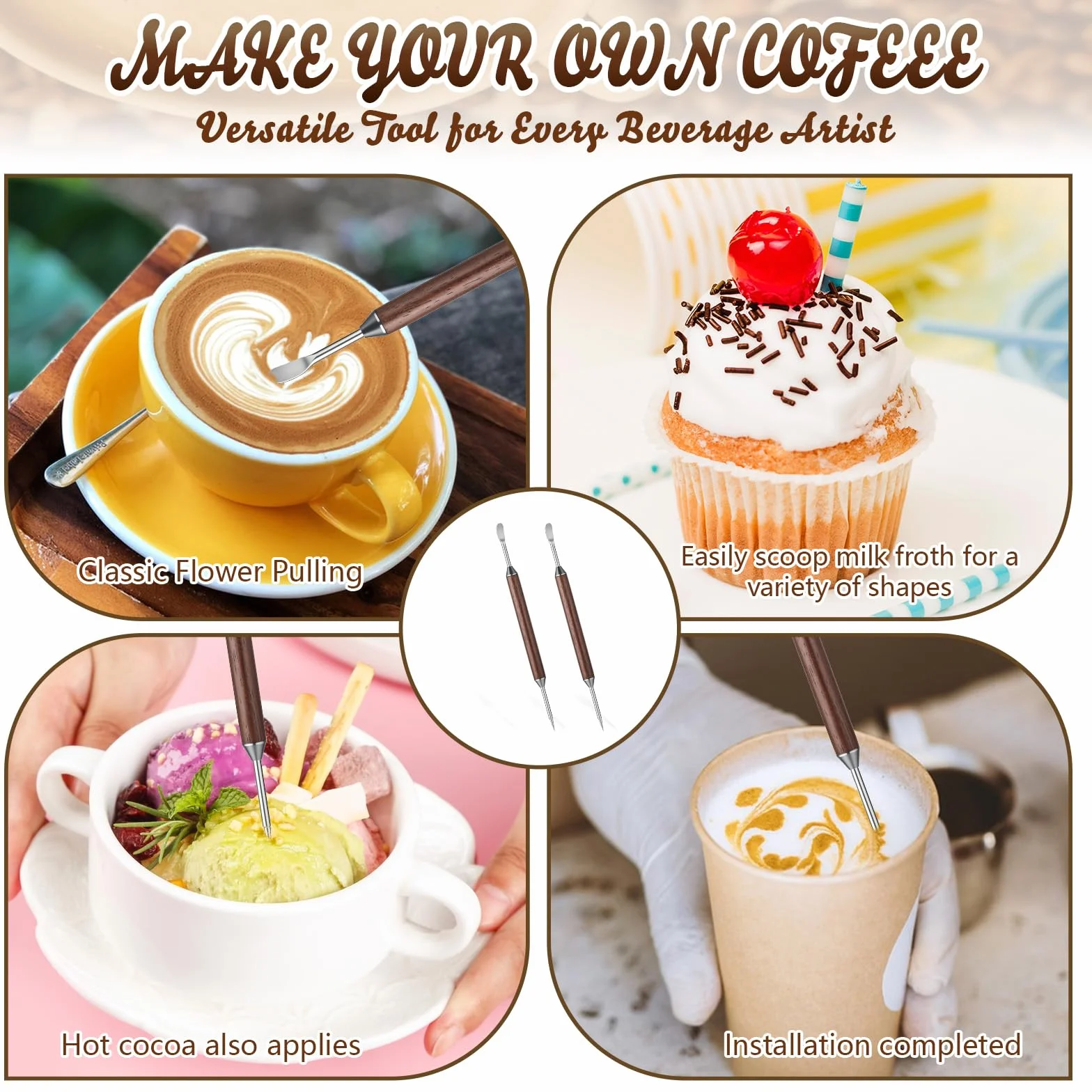 Pisaki do kawy Latte Art Pen ze stali nierdzewnej dwustronny z uchwytem palisandru
