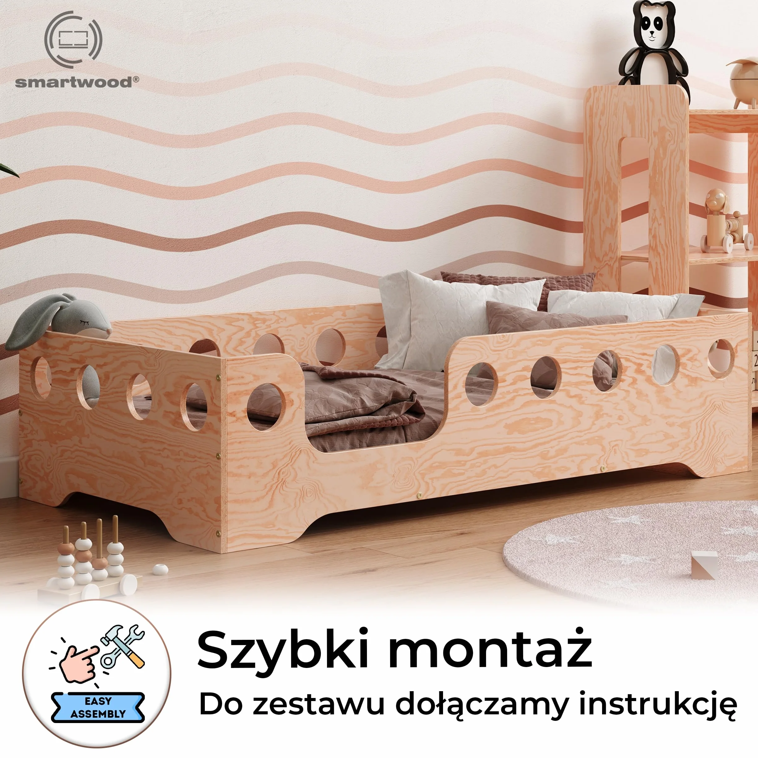Smartwood Łóżko Dziecięce 200x90 Drewniane TILA 4L Naturalne Montessori ze Stelażem 230 kg