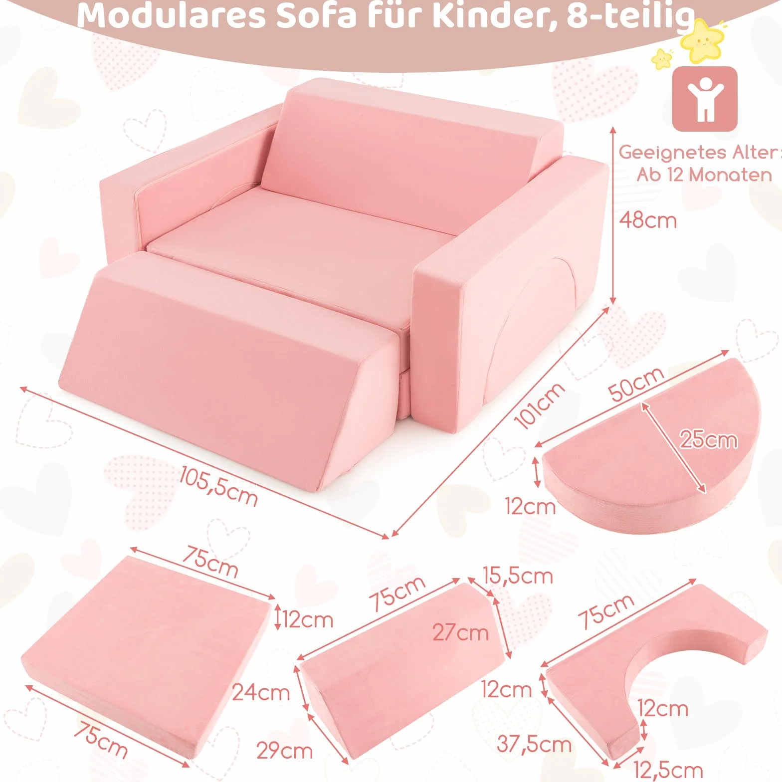 COSTWAY Modułowa Sofa Dziecięca ze Zdejmowanym Pokrowcem, Kanapa dla Małych Dzieci do Pokoju Zabaw i Dziecięcego, Projektowania i Spania (Różowa)