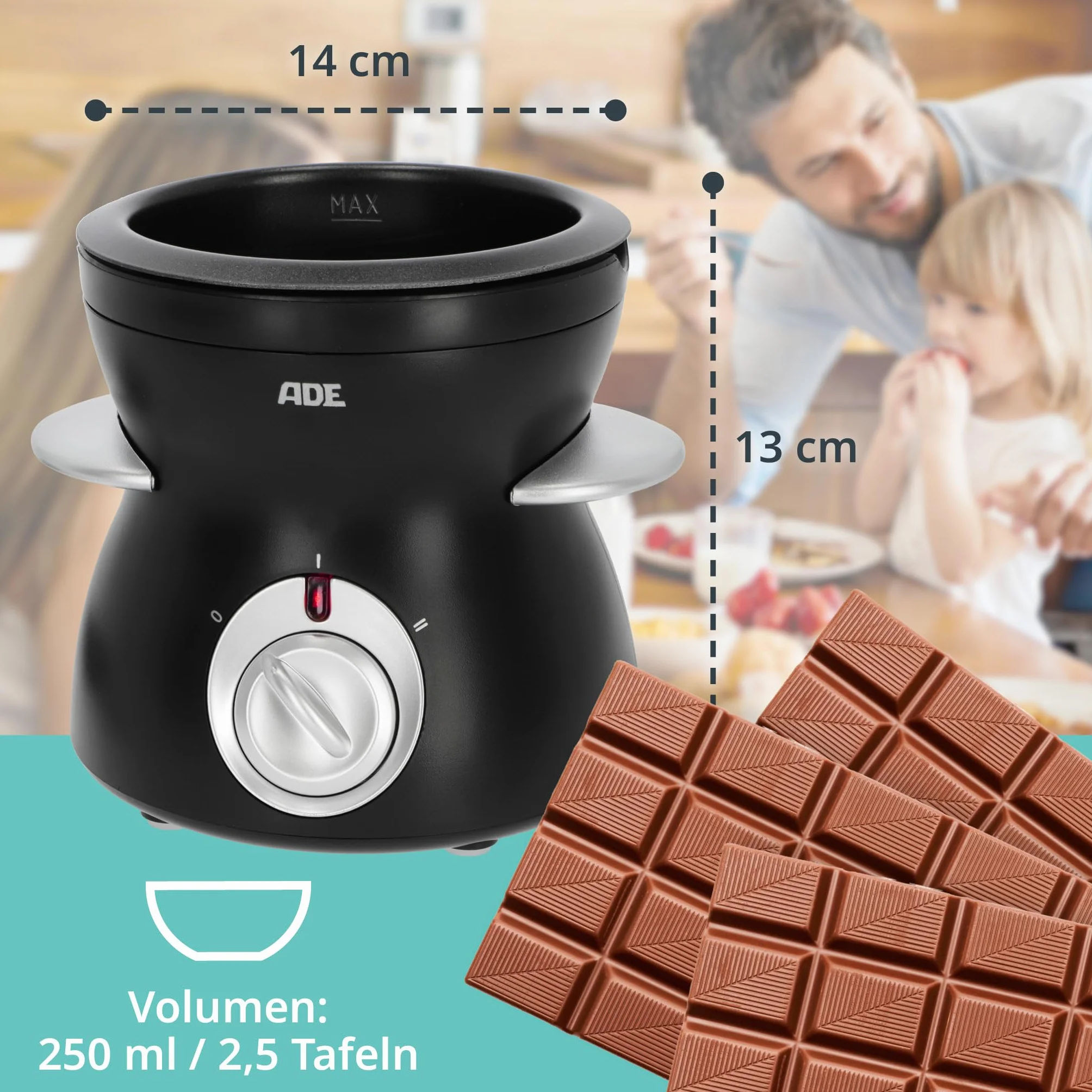 ADE Elektryczne czekoladowe fondue z 2 stopniami temperatury, 6 widelców do czekolady, z wyjmowanym pojemnikiem z teflonem, pojemność 250 ml