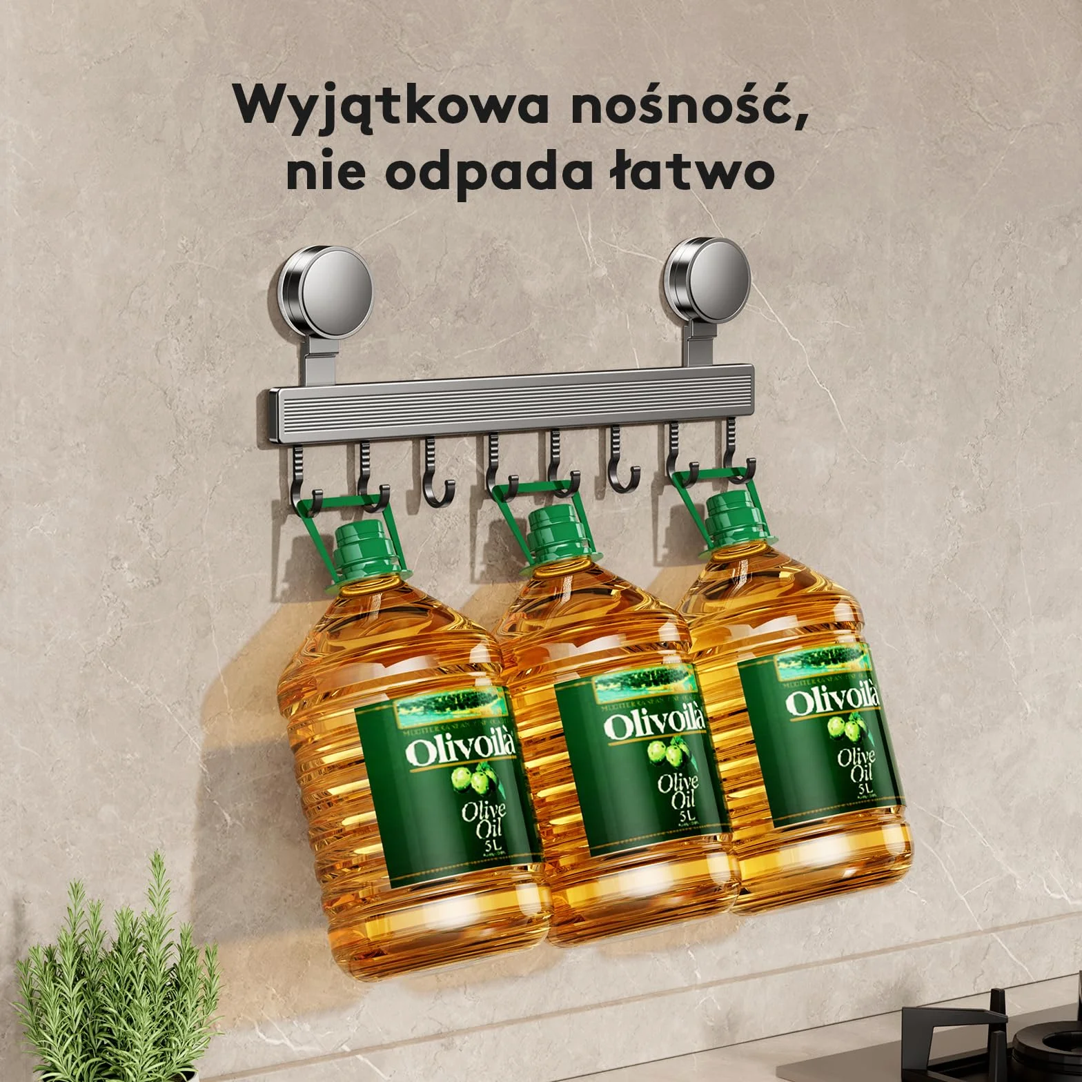 Listwa hakowa do kuchni bez wiercenia z przyssawką | 8 haków, długość 40 cm, nośność 20 kg, montaż w 1 minutę | Demontowalna nierdzewna listwa hakowa do przyborów kuchennych