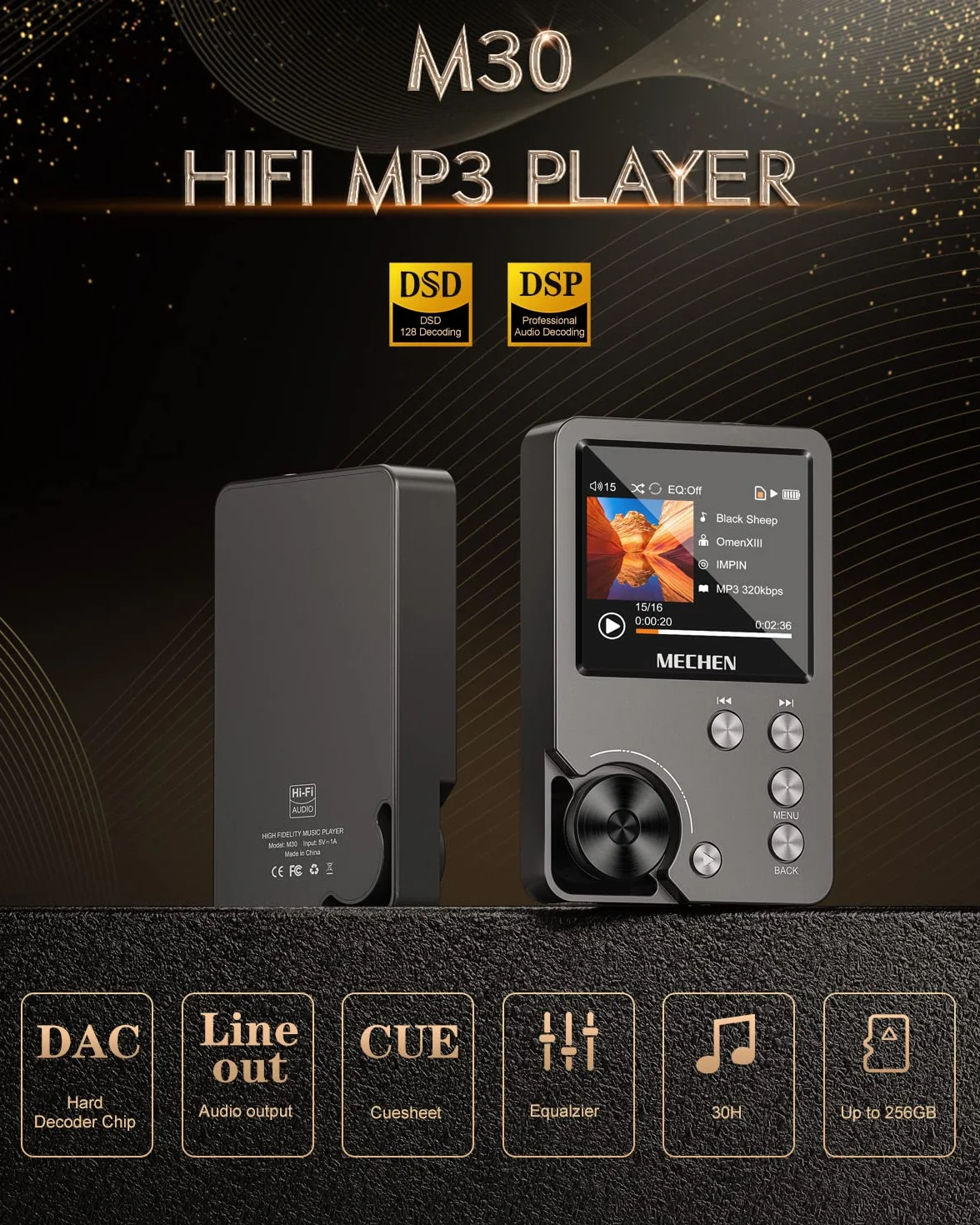 MECHEN Odtwarzacz MP3, HiFi, bezstratne odtwarzanie muzyki, DSD DAC, dźwięk o wysokiej rozdzielczości, 30 godzin ciągłego odtwarzania, z kartą pamięci 64 GB, możliwość rozszerzenia pamięci do 256 GB