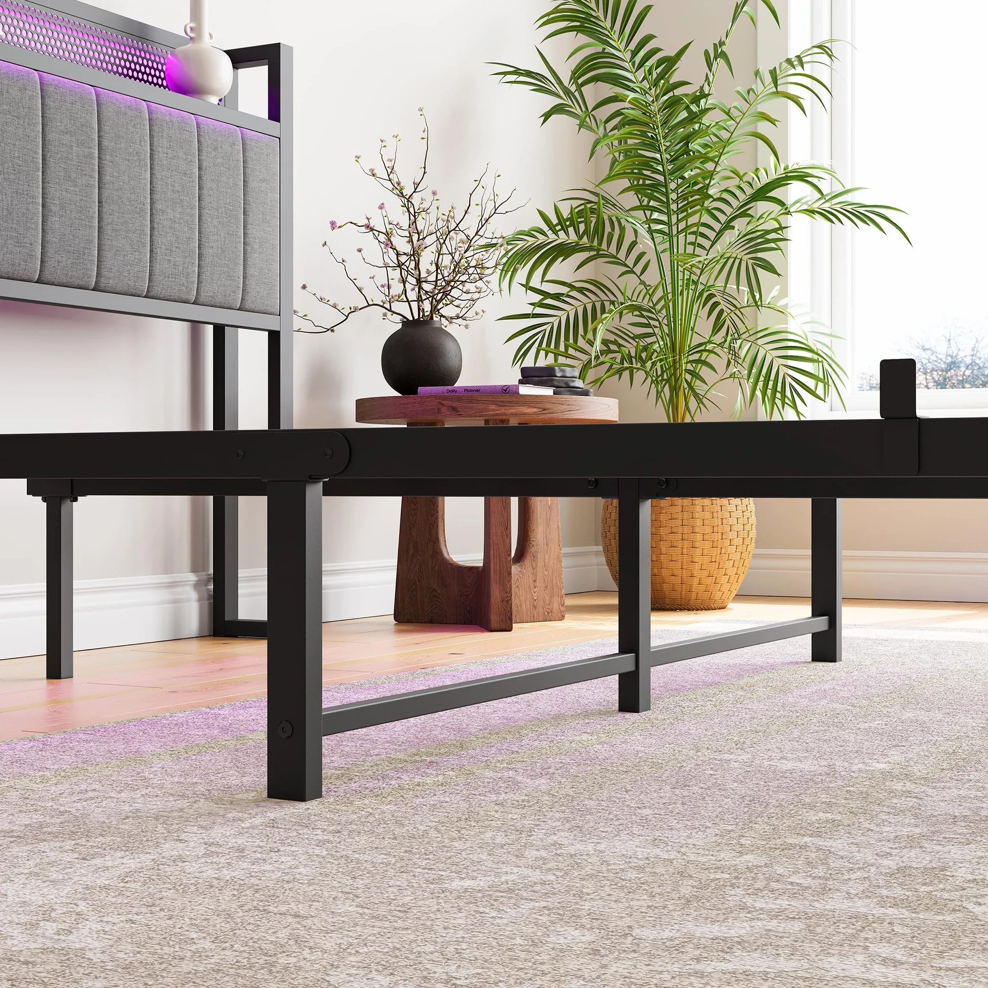 Metalowe łóżko tapicerowane z diodami LED 120x200 cm ze stelażem i zagłówkiem