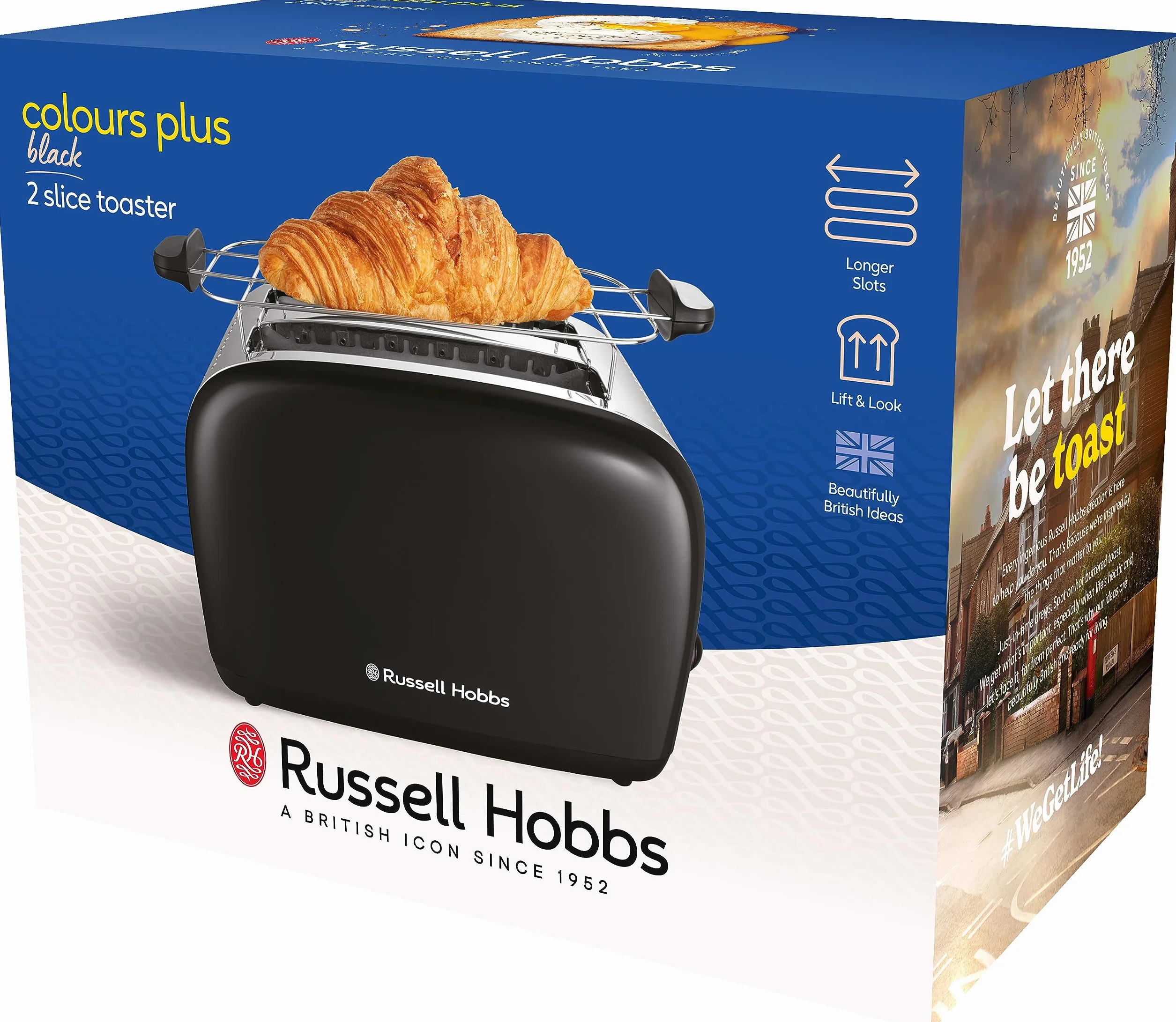 Russell Hobbs toster, na 2 kromki, bardzo szerokie szczeliny na tosty, nasadka do bułek, 6 ustawień opiekania, funkcja rozmrażania i Lift & Look, 1670W, stal nierdzewna, czarny, Colors Plus 26550-56