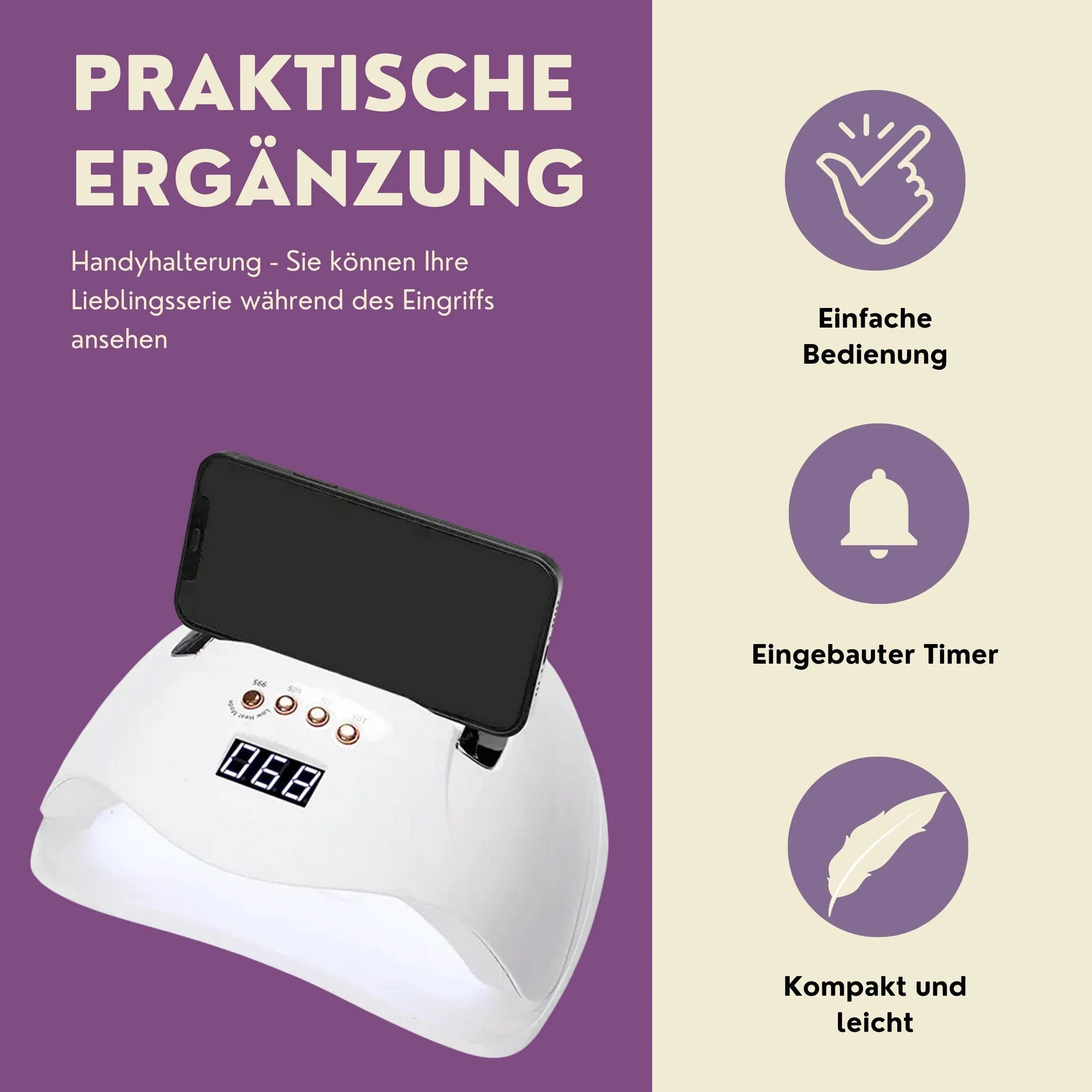 INLAQ® Max Dual UV/LED lampa do paznokci – 220 W, biała lampa do hybrydowych lakierów do paznokci i żeli, z uchwytem na telefon komórkowy i czujnikiem ruchu