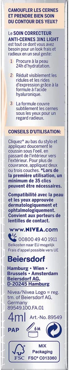 NIVEA HYALURON CELLULAR Filler Krem korygujący cienie pod oczami 3w1 z kwasem hialuronowym, odcień jasny, 4 ml
