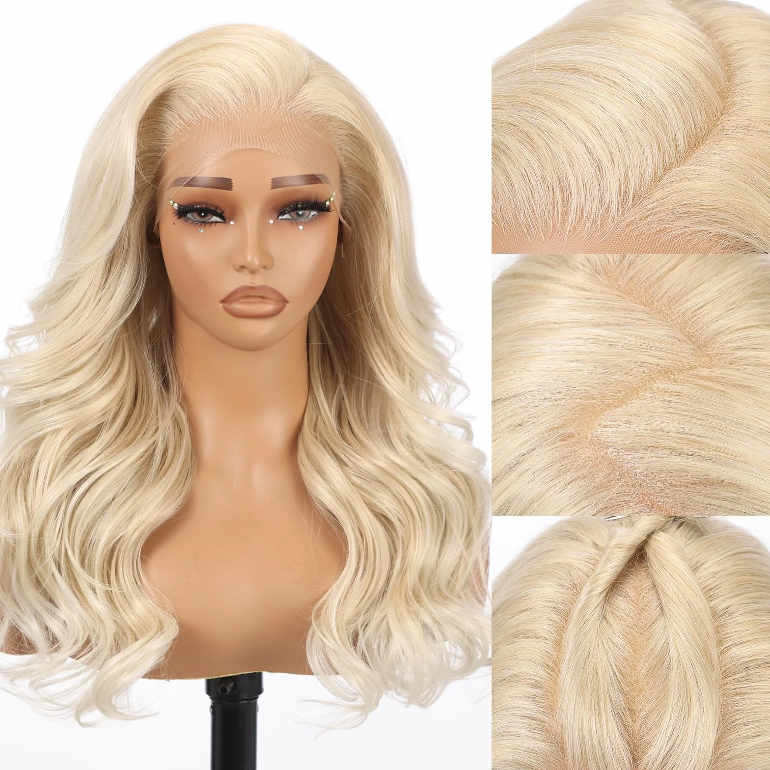 Allbell 35,5x16 Włosy z pasemkami blond lace front peruka dla ciemnoskórych kobiet, bez kleju syntetyczna HD lace peruka, 56 cm fala ciała zamiennik włosów