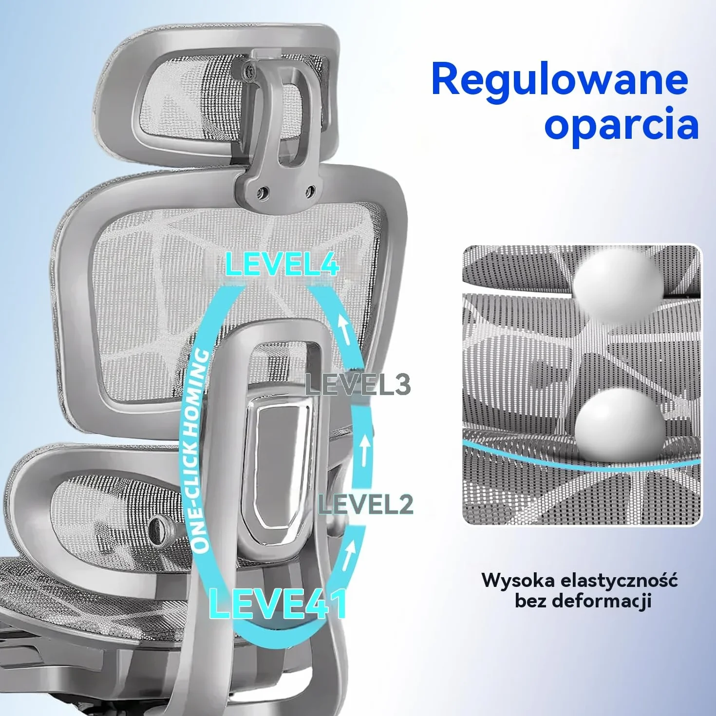 Krzesło Biurowe Gamingowe z Wysokim Oparciem z Siatki, Podłokietniki 3D, Regulowany Zagłówek, Szary