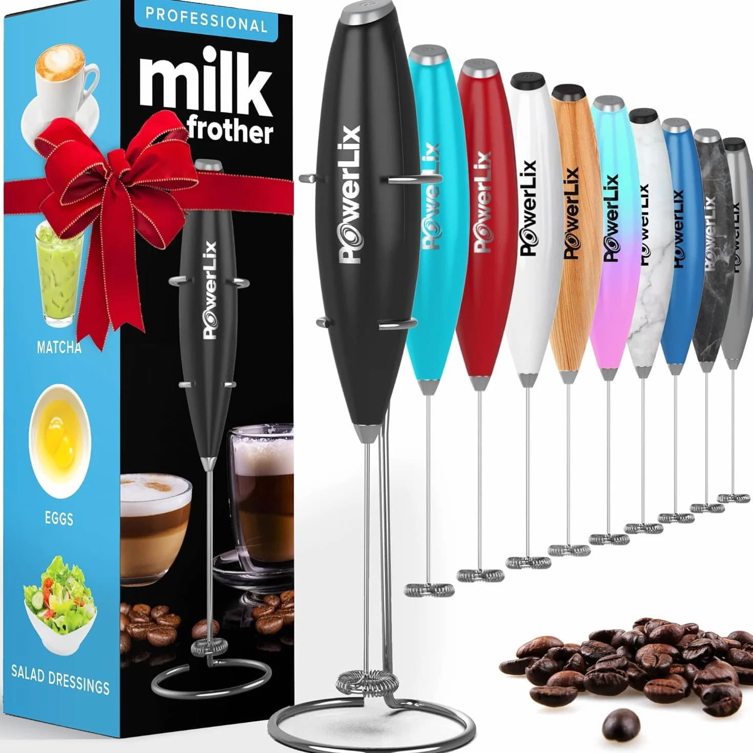 PowerLix Ręczna trzepaczka do mleka, elektryczny spieniacz ze stojakiem ze stali nierdzewnej, 19000 obr./min, mini mikser do kawy latte cappuccino (Czarny)
