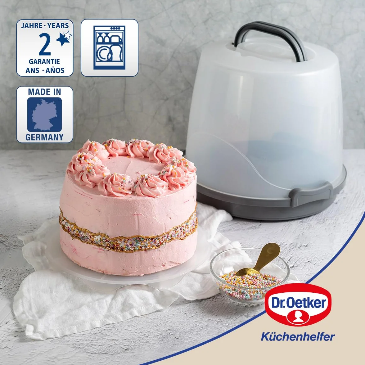 Dr. Oetker Pudełko transportowe na ciasto, bardzo wysokie – okrągłe pudełko transportowe z półką – miejsce na ciasta i torty o wysokości 20 cm
