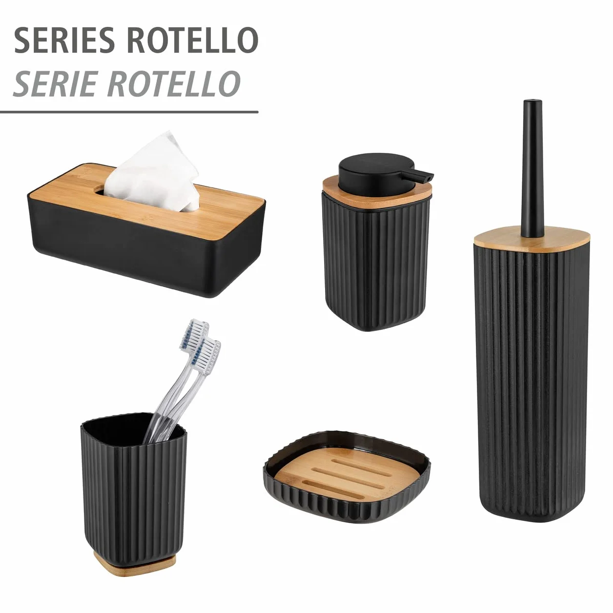 WENKO Rotello chusteczki kosmetyczne plastikowa pokrywa bambusowa 24 x 7,5 x 12,7 cm czarne/kolor naturalny