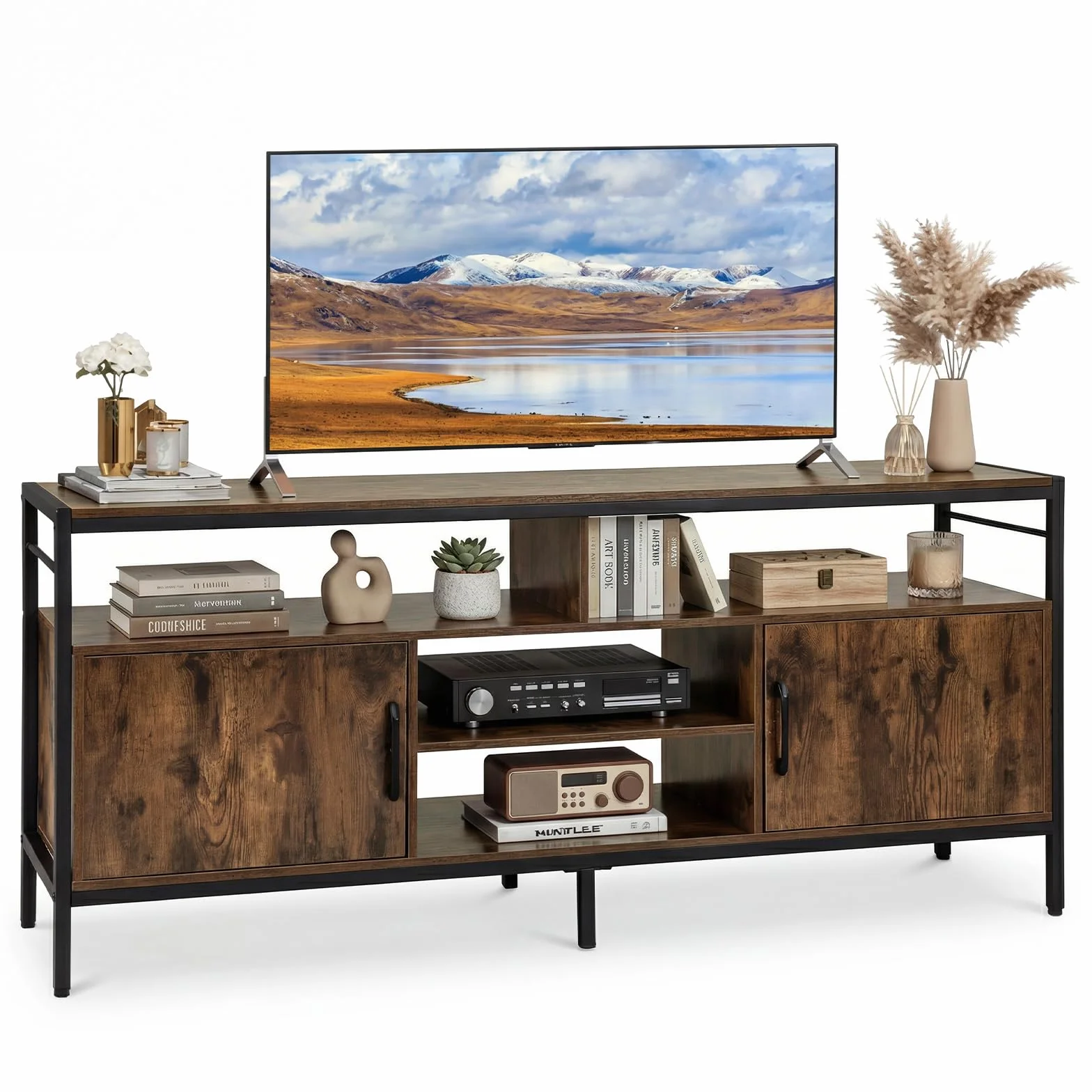 COSTWAY Szafka pod telewizor 65" 147x35x63.5 cm brązowa z metalowymi nogami