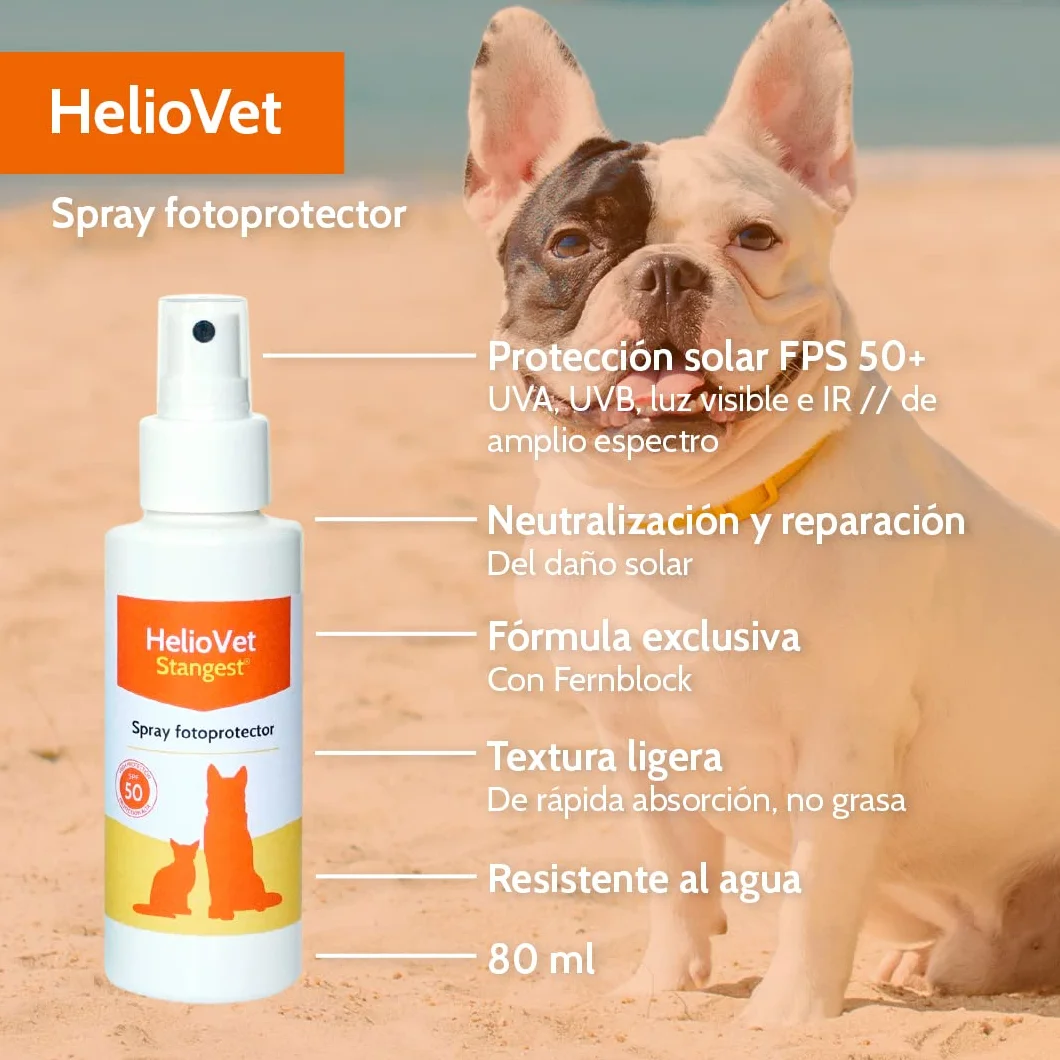 STANGEST HelioVet Solar Spray SPF 50 dla psów i kotów, skuteczna ochrona przeciwsłoneczna przed UVA i UVB, podczerwienią i widocznym światłem, regeneruje barierę skórną zwierzęcia, 80 ml
