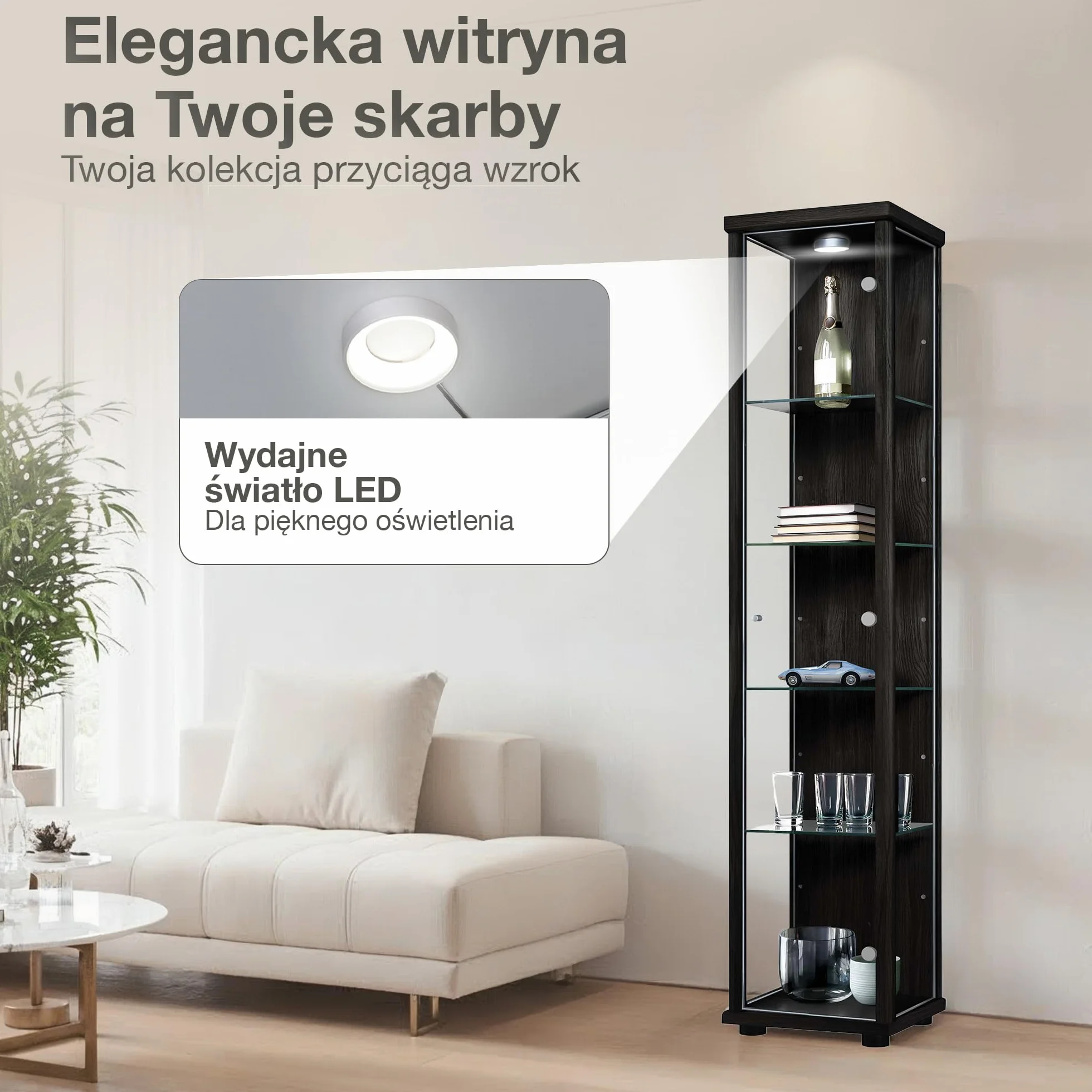 witryna szklana w kolorze czarnym (176x37x33 cm) z 4 regulowanymi półkami szklanymi, LED - gablota na modele samochodów czarna - szafka witryna czarna - gablota kolekcjonerska