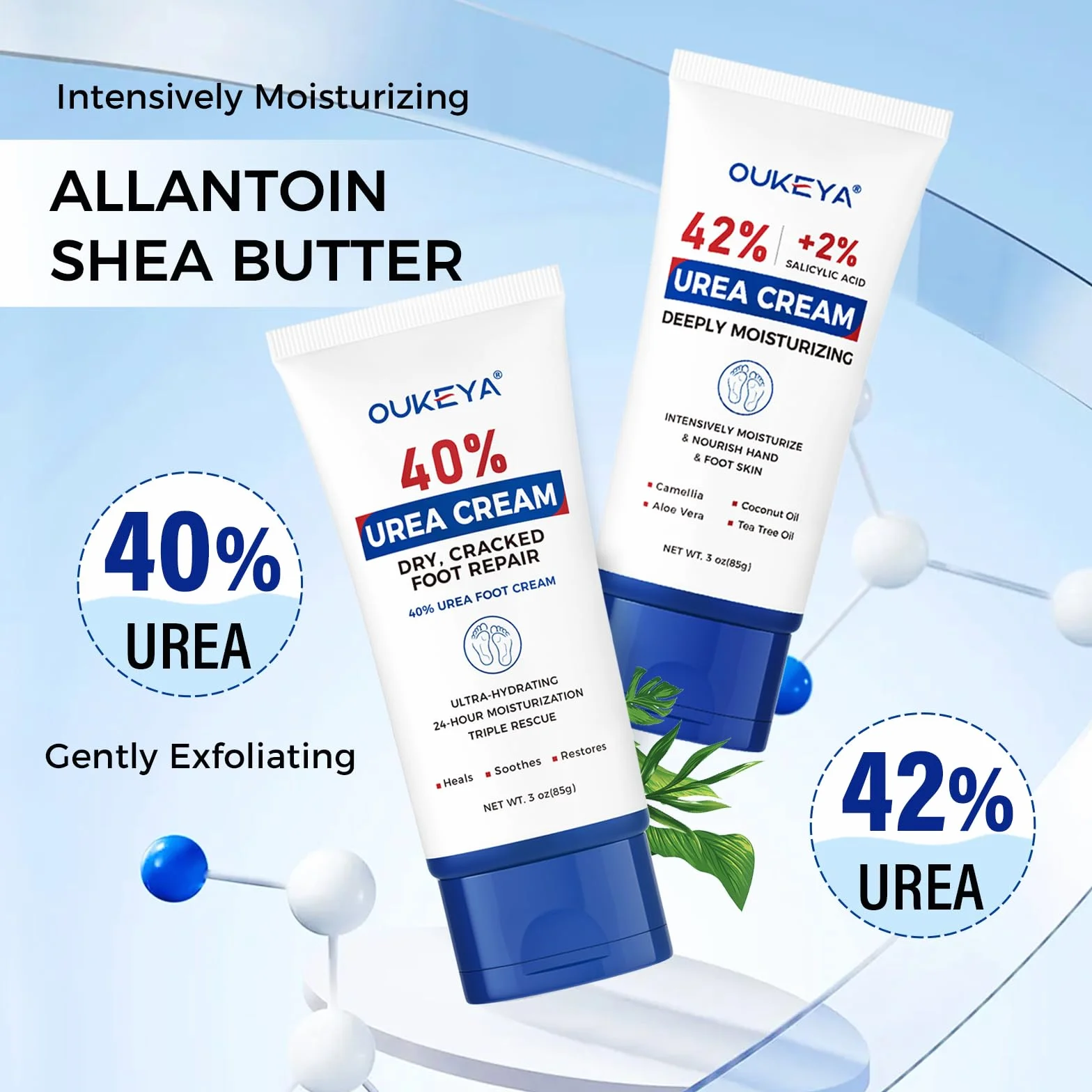 OUKEYA Krem do Stóp 40% Urea & Krem 42% Urea + 2% SA, Intensywna Regeneracja dla Suchej i Popękanej Skóry Stóp, Pięt i Dłoni, Złuszczający i Głęboko Nawilżający, 2x85g