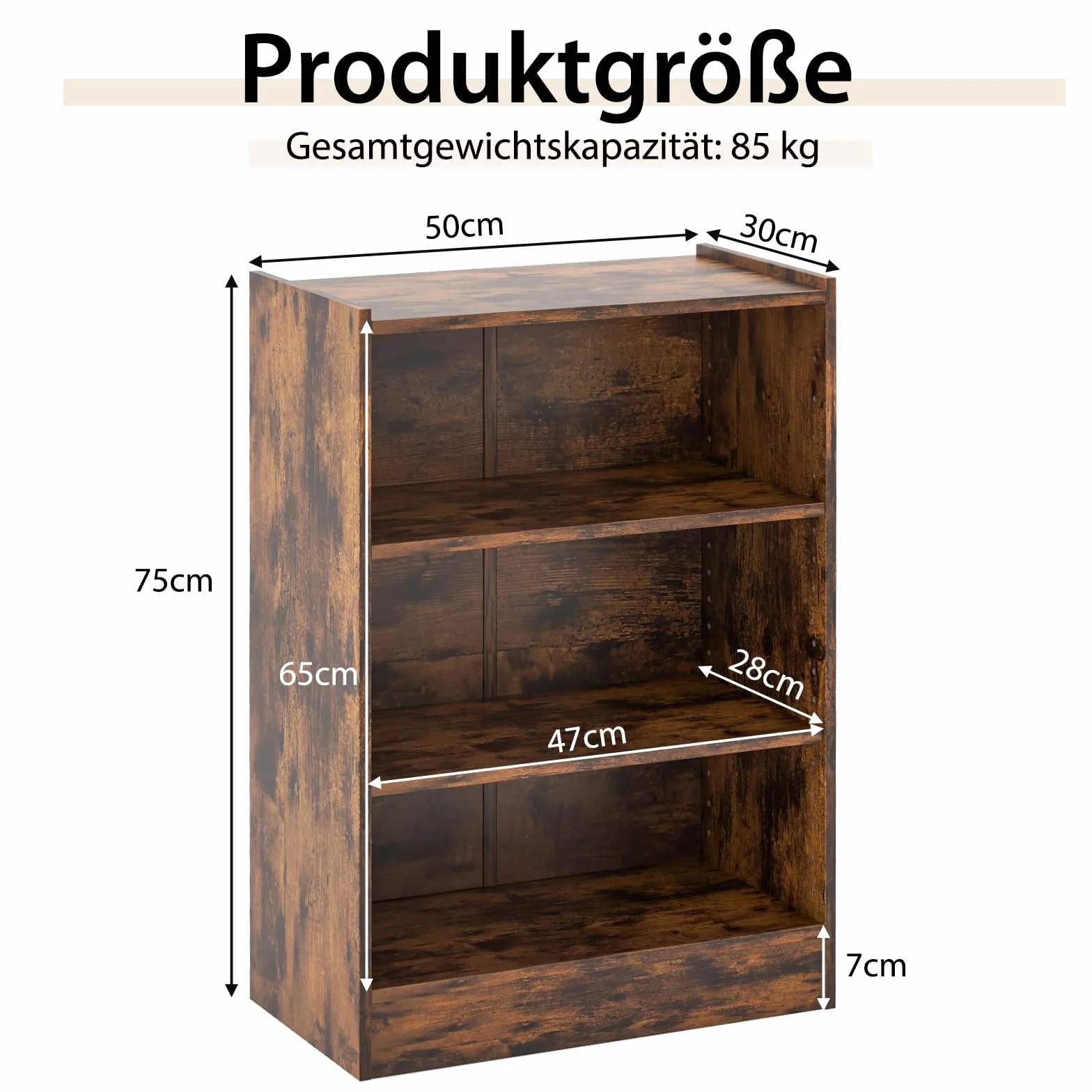 COSTWAY Regał na książki, regał stojący z 3 półkami, regał z regulowanymi półkami, do salonu, sypialni, gabinetu, 30 x 50 x 75 cm, brązowy vintage