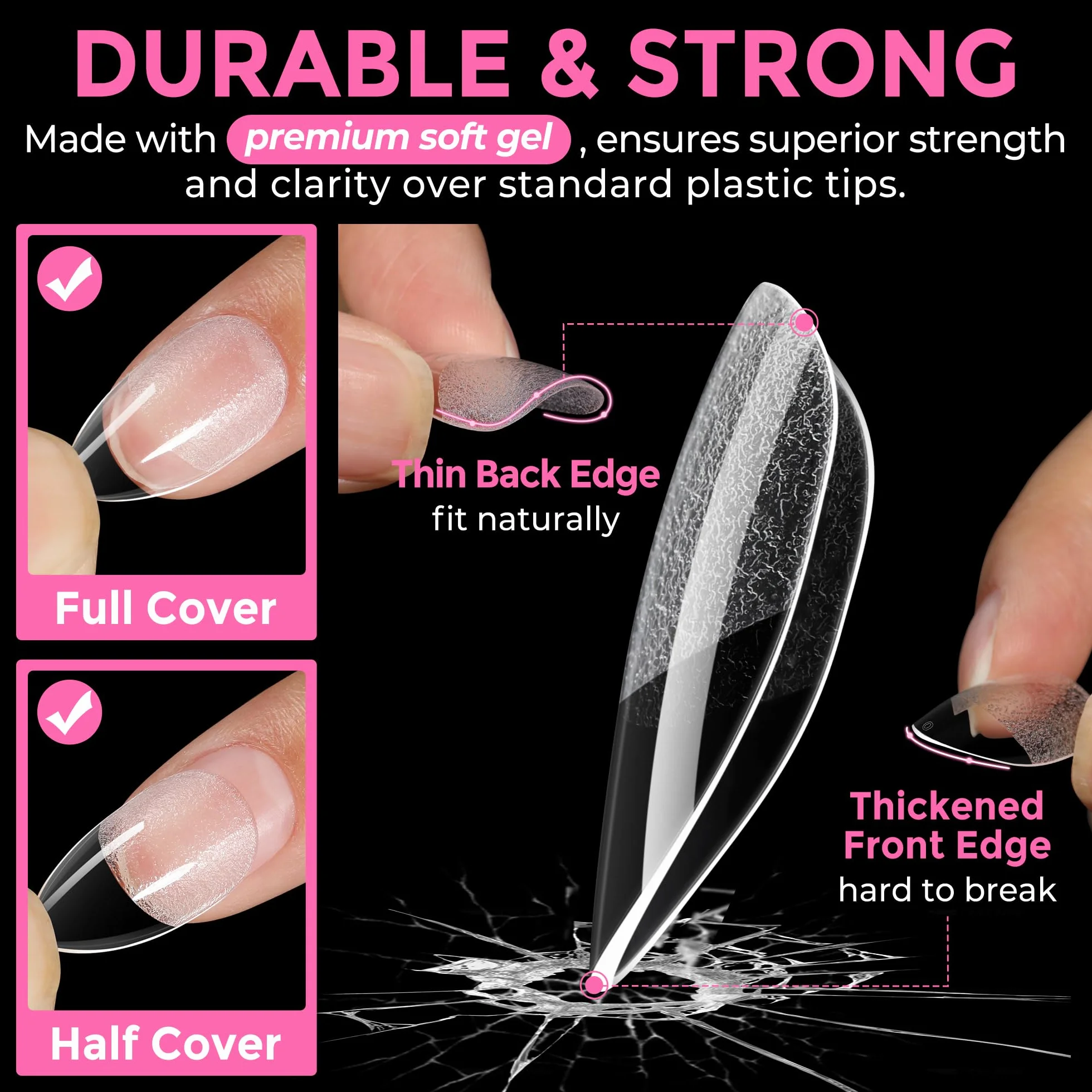 UNA GELLA Kurze Mandel Nail Tips, 216 Stück 12 Größen Nageltips für Gelnägel Soft Gel Full Cover Press On Nails Almond für Nagelverlängerung, Home DIY Nail Art & Nagelstudio