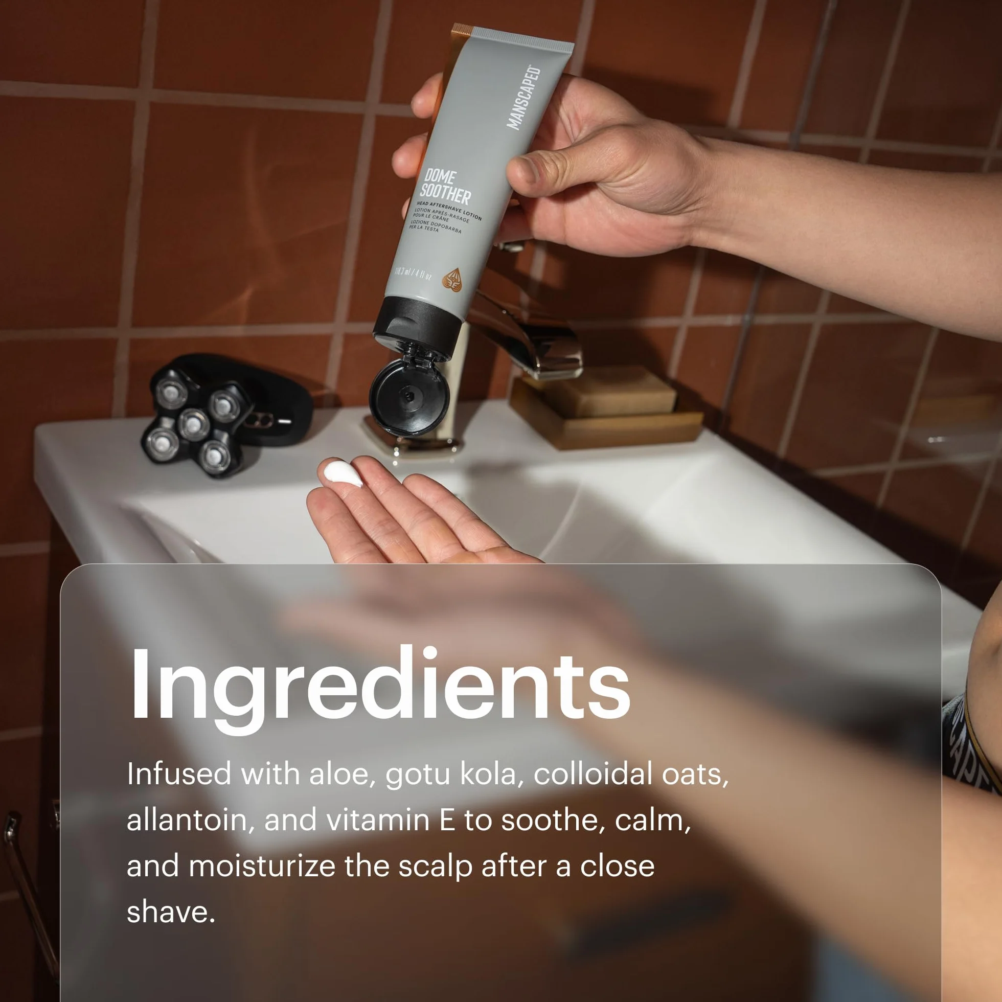 MANSCAPED® Dome Soother Men’s Head Aftershave Lotion – wzbogacony aloesem i koloidalnym owsem, koi i nawilża skórę głowy, szybko wchłania się i wysusza, łagodząc dyskomfort po goleniu, 118 ml
