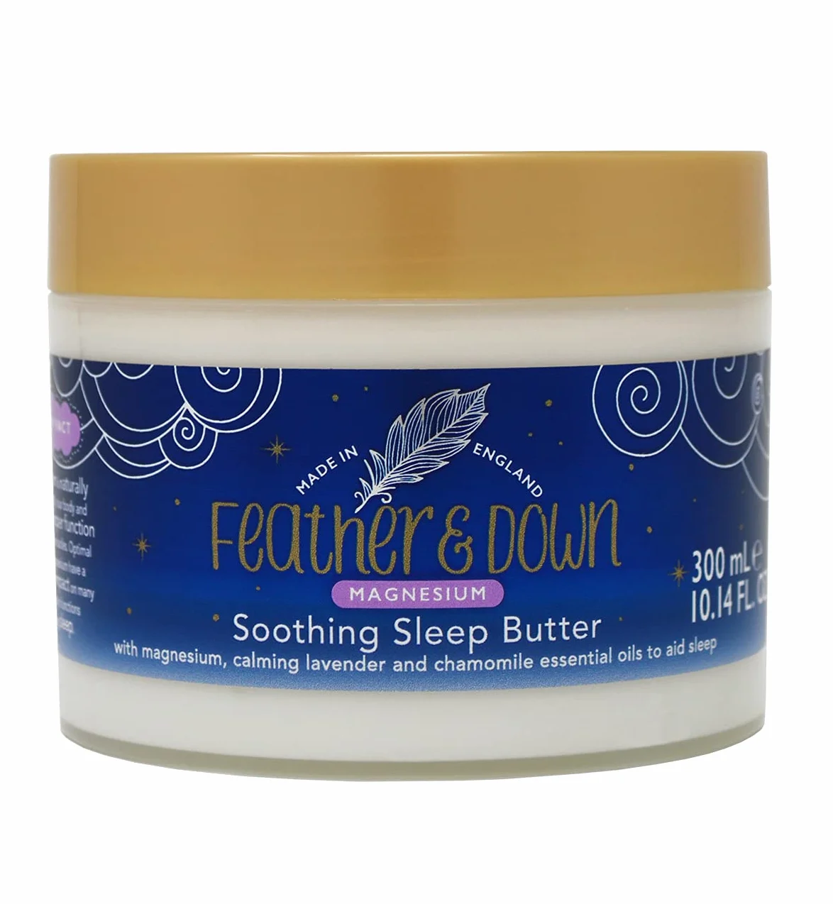 Feather & Down Magnezowe kojące masło do spania (300 ml) – z magnezem, uspokajającymi olejkami eterycznymi z lawendy i rumianku, które pomagają zasnąć. Przyjazne dla wegan i bez okrucieństwa.