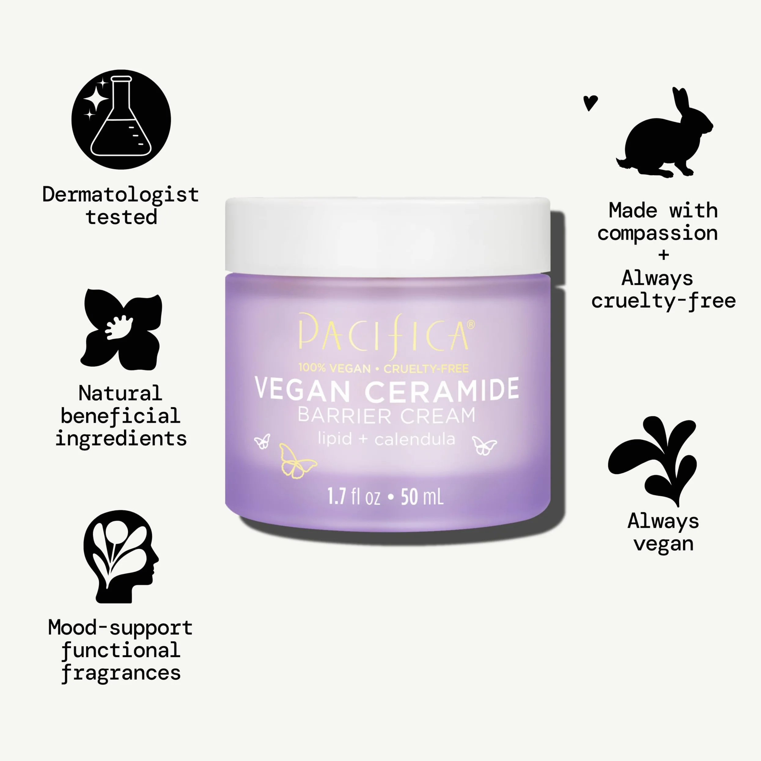 Pacifica Beauty Ceramide Barrier Repair Daily Face Moisturizing Cream, Ecezma Association Approved, bezpieczny dla skóry wrażliwej, bezzapachowy, w 100% wegański + bez Cruelty Free, 4,5 ml