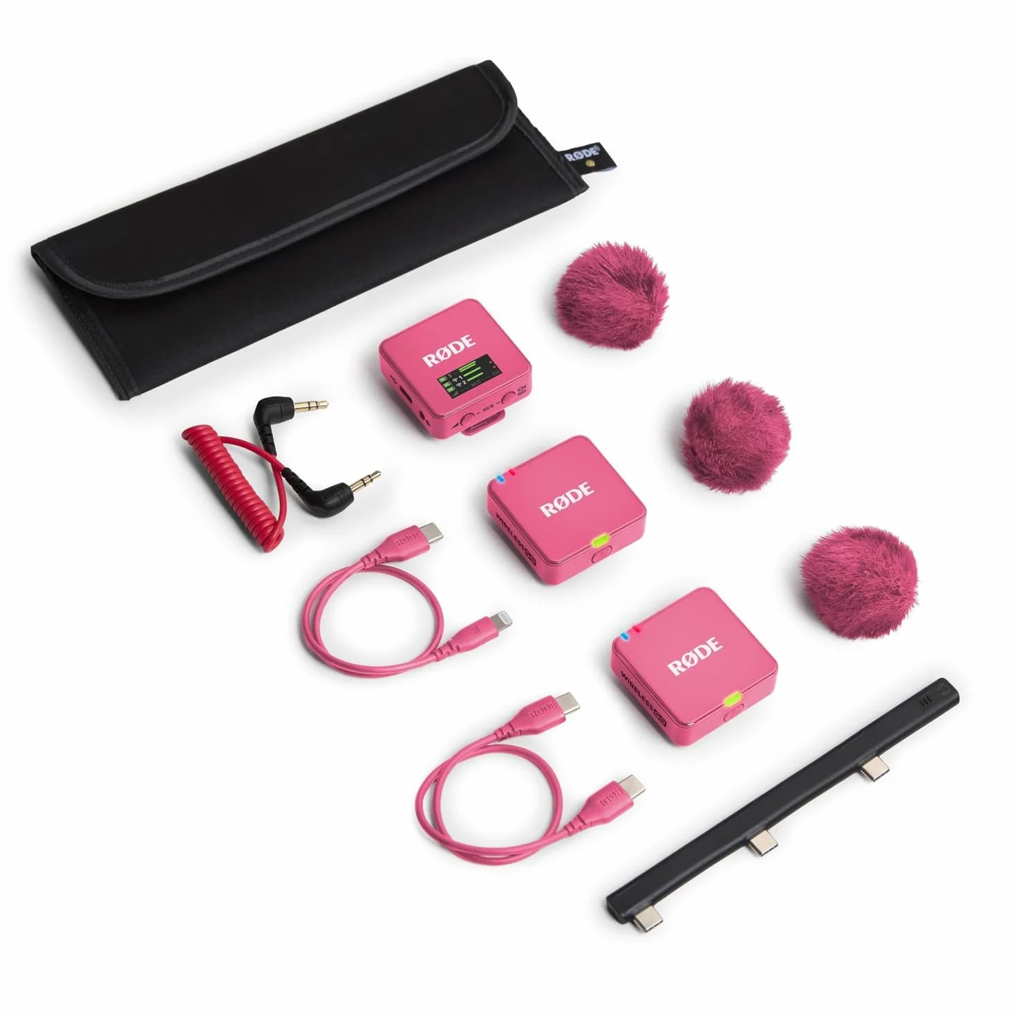 Rode Wireless GO Gen 3 bezprzewodowy 2-kanałowy system radiowy mikrofonowy różowy, z interview GO, adapter ręczny, różowy i keepdrum, futrzana ochrona przed wiatrem