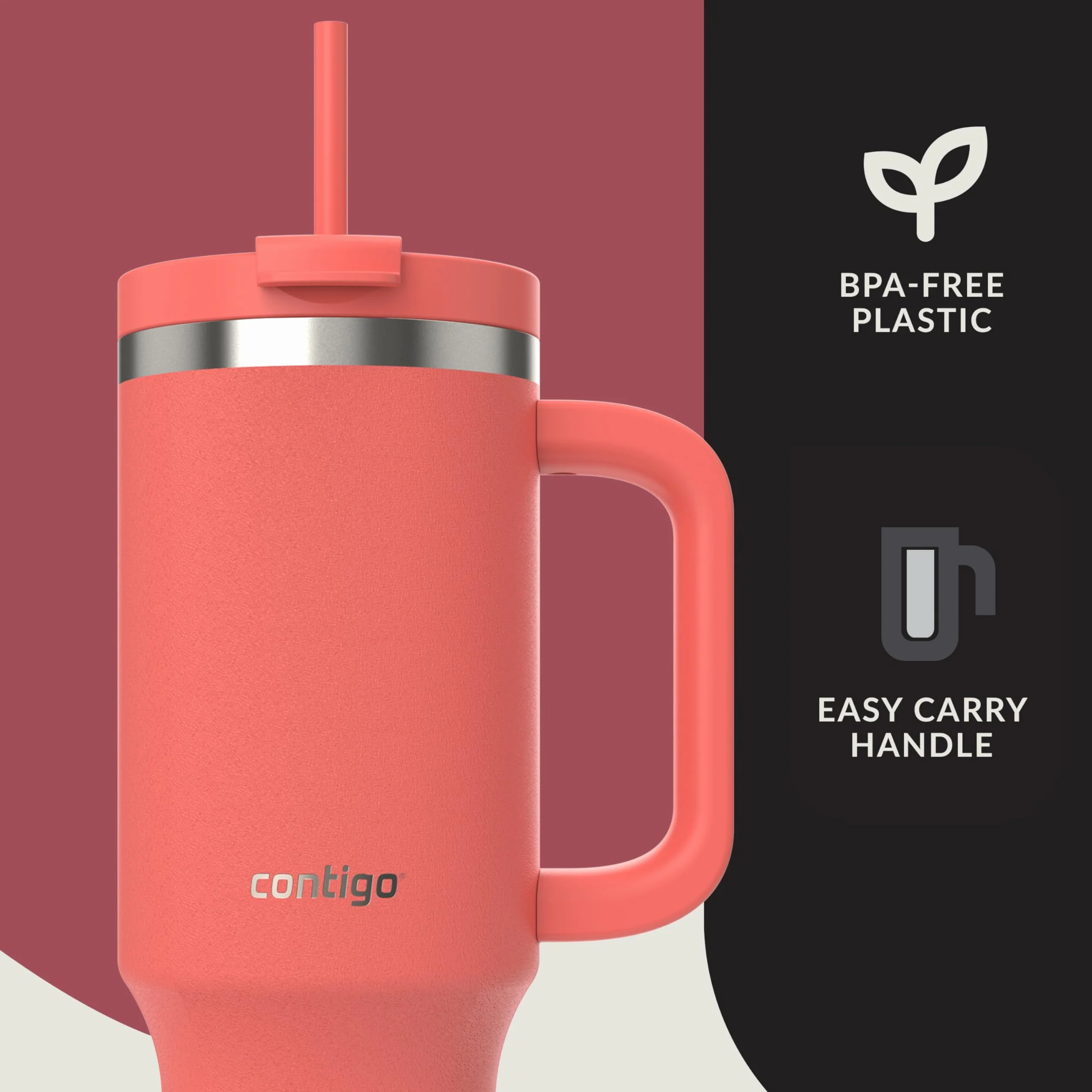 Contigo Tumbler 1200 ml z uchwytem, izolowana próżniowo butelka na wodę ze słomką i pokrywką, zimna przez 29 godzin, kubek podróżny, termos termiczny, nie zawiera BPA, koralowy