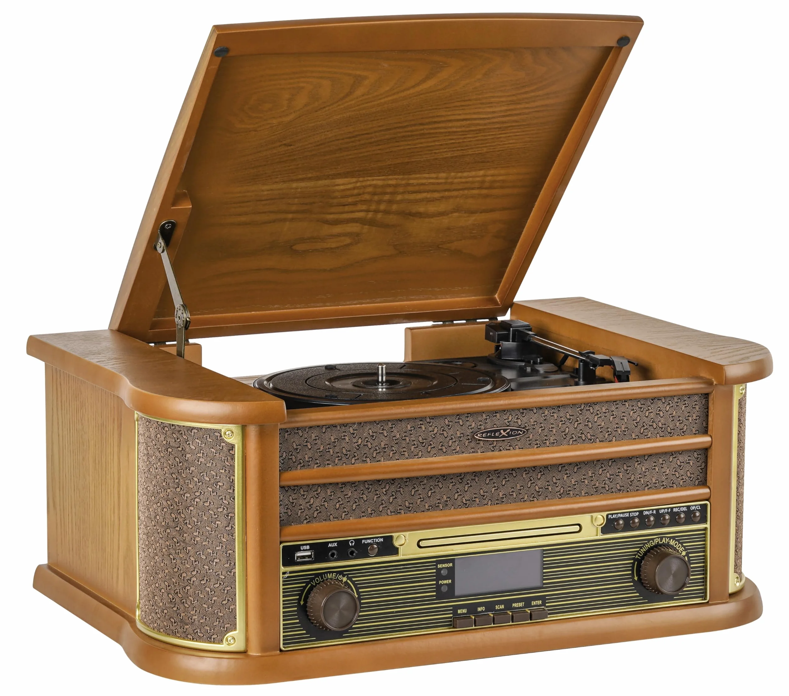 Reflexion HIF2002 wieża stereo retro z gramofonem, kasetą, odtwarzaczem CD i radiem DAB (DAB+, UKF/MW, MP3, USB, wyświetlaczem LCD, pilotem zdalnego sterowania, 80 W, obudowa z prawdziwego drewna), kolor brązowy