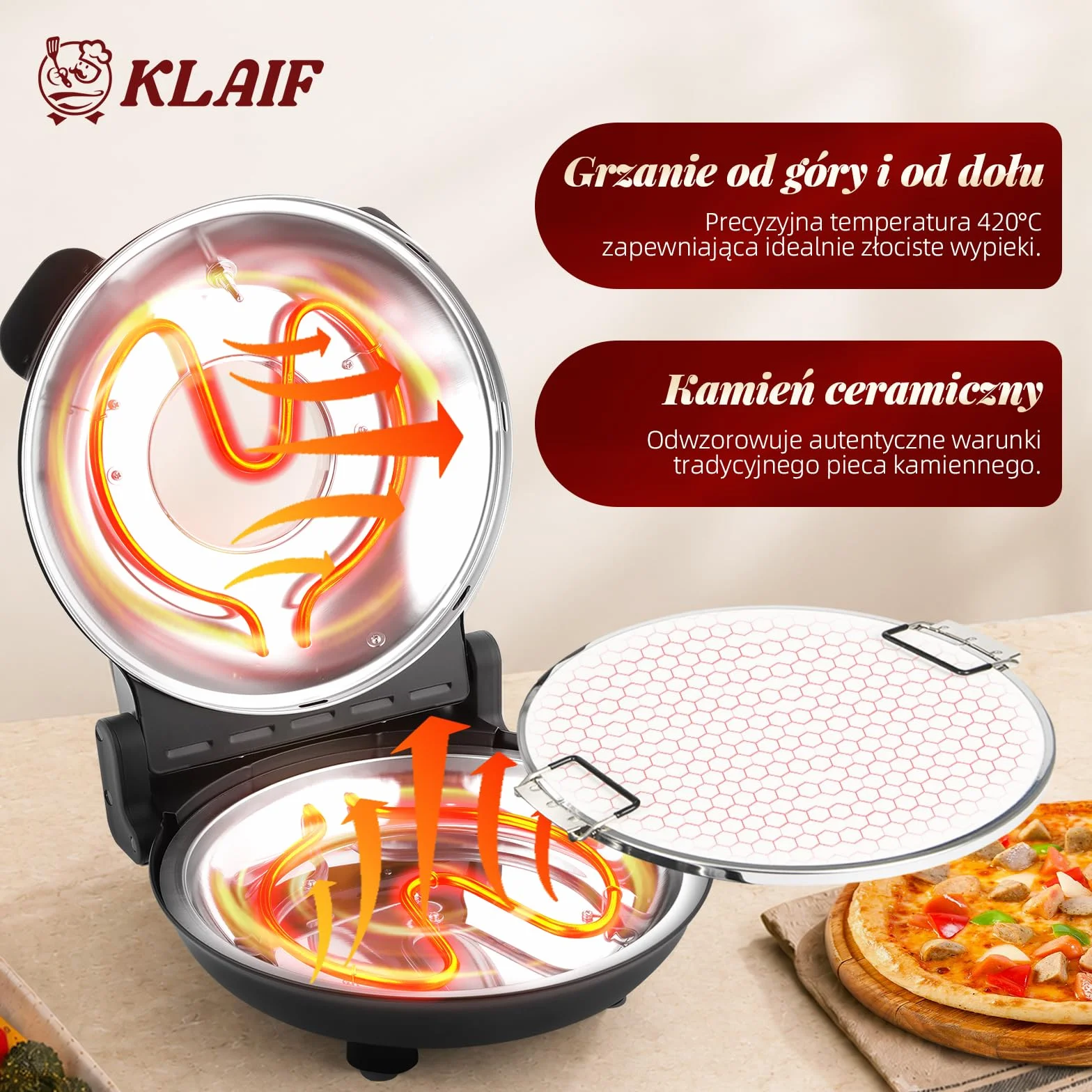 KLAIF Piec elektryczny do pizzy do blatu roboczego z kamieniem ceramicznym 31 cm, dwiema regulowanymi regulatorami temperatury, w zestawie 4 narzędzia do pizzy, LMC-czarny