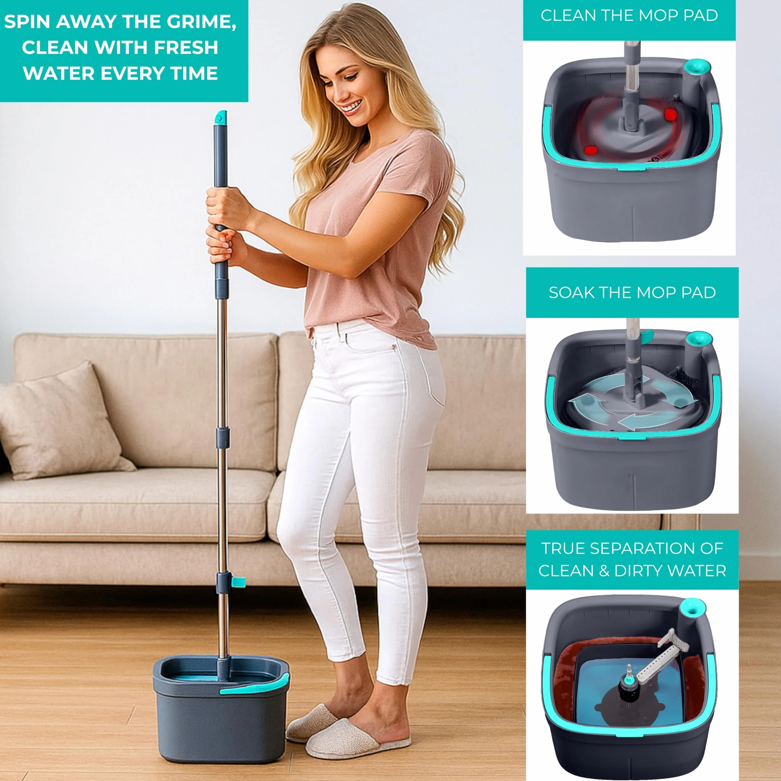 True & Tidy, True Clean Spin Mop i system wiadra, zawiera mop obrotowy, dwukomorowe wiadro do mopa i 2 grube zmywalne podkładki do mopa z mikrofibry, SPIN-800A, szary.