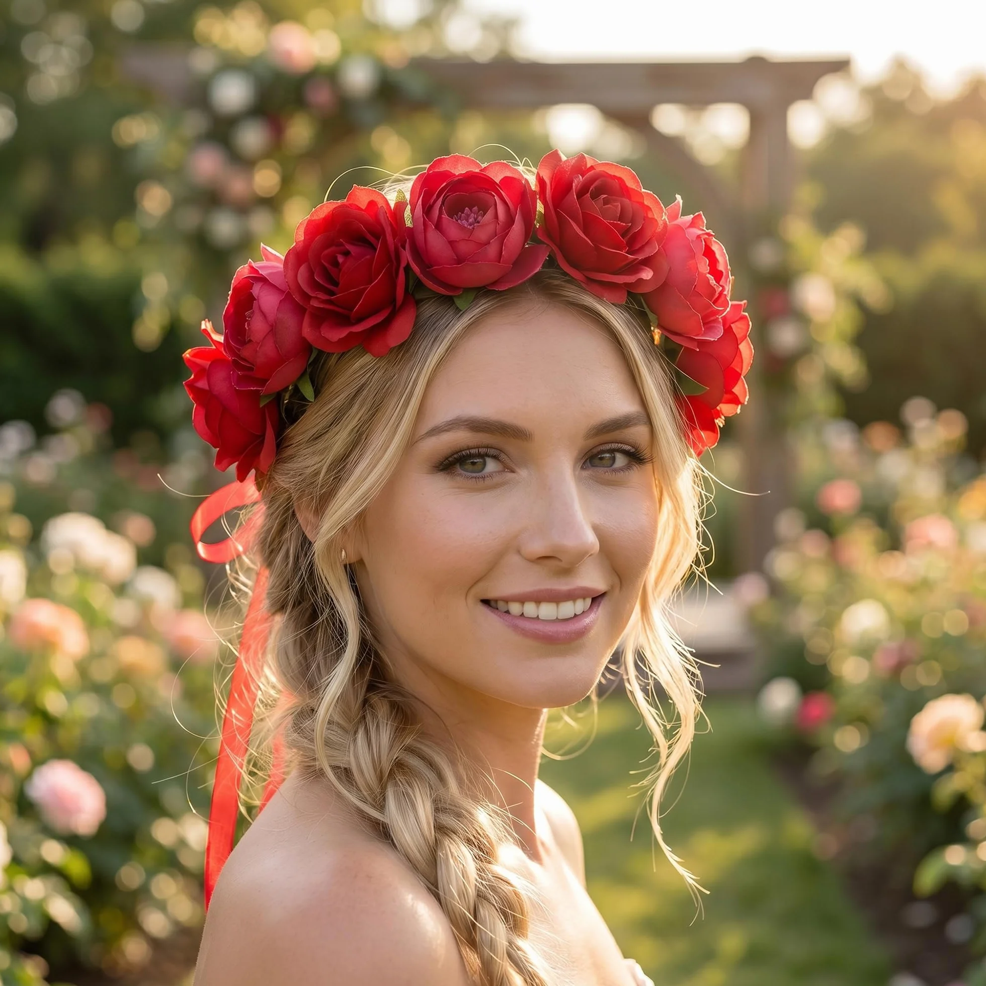 Kwiatowa korona róża piwonia girlanda opaska na głowę wieniec do włosów kwiatowy nakrycie głowy z regulowaną wstążką ślub festiwal impreza (czerwony)