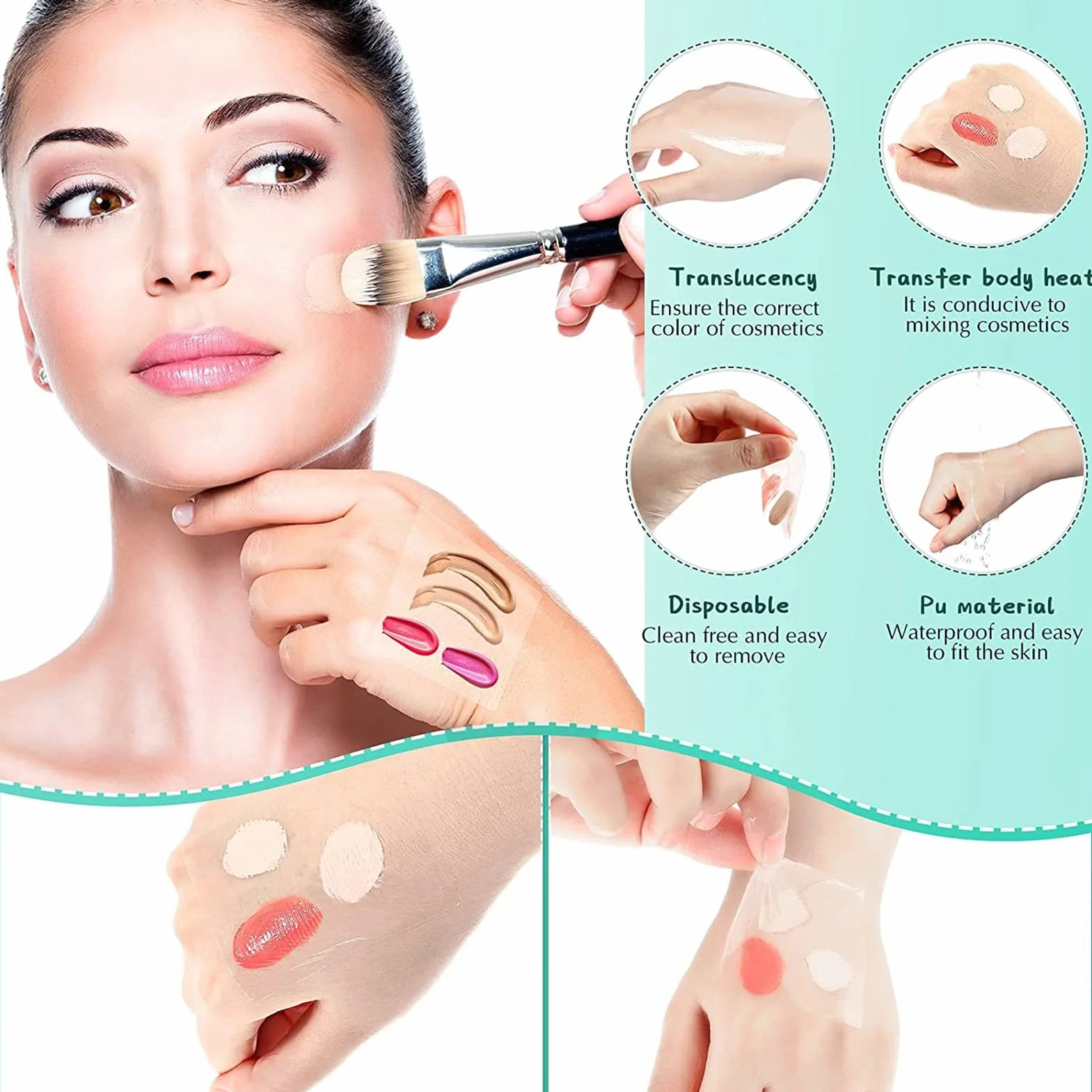 100 Sztuk Makeup Hand Palette Wodoodporna PU Film Samoprzylepna Jednorazowa Paleta Mieszania Makijażu
