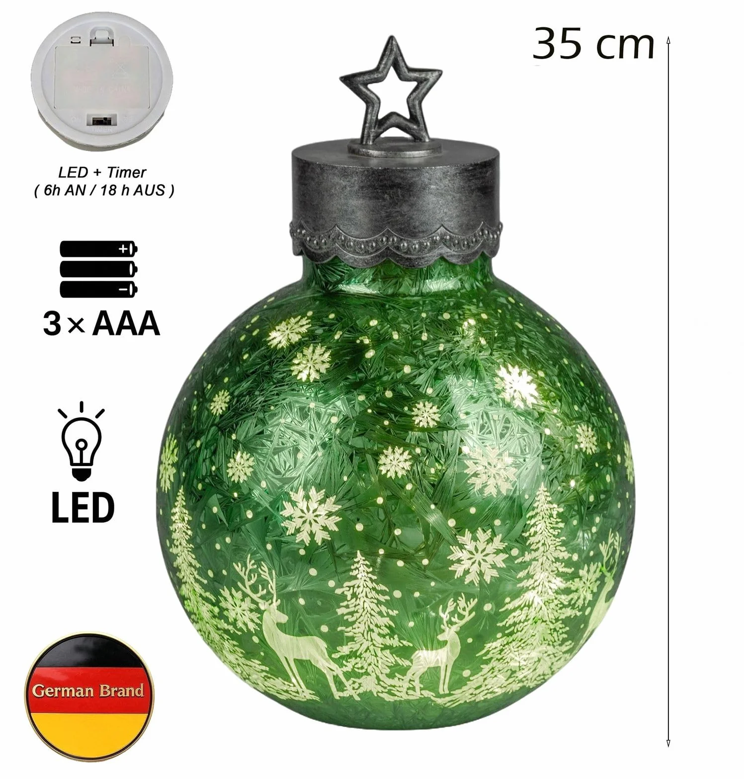 formano Dekoracyjna kula LED Frosty Green 35 cm szklana kula lodowa timer 6h/18h podświetlana zasilana bateriami dekoracja bożonarodzeniowa