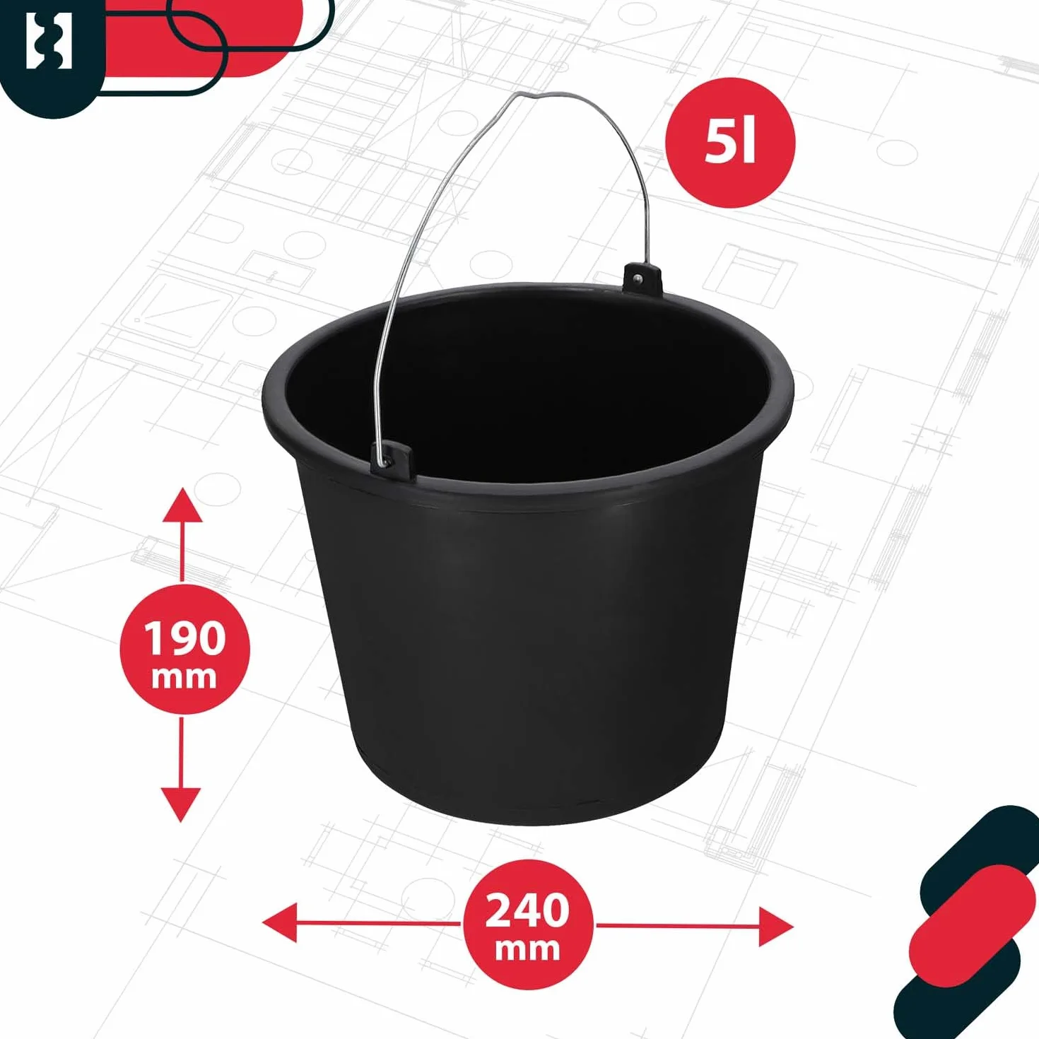 Zestaw 5 plastikowych wiader konstrukcyjnych 5 l czarny KOTARBAU