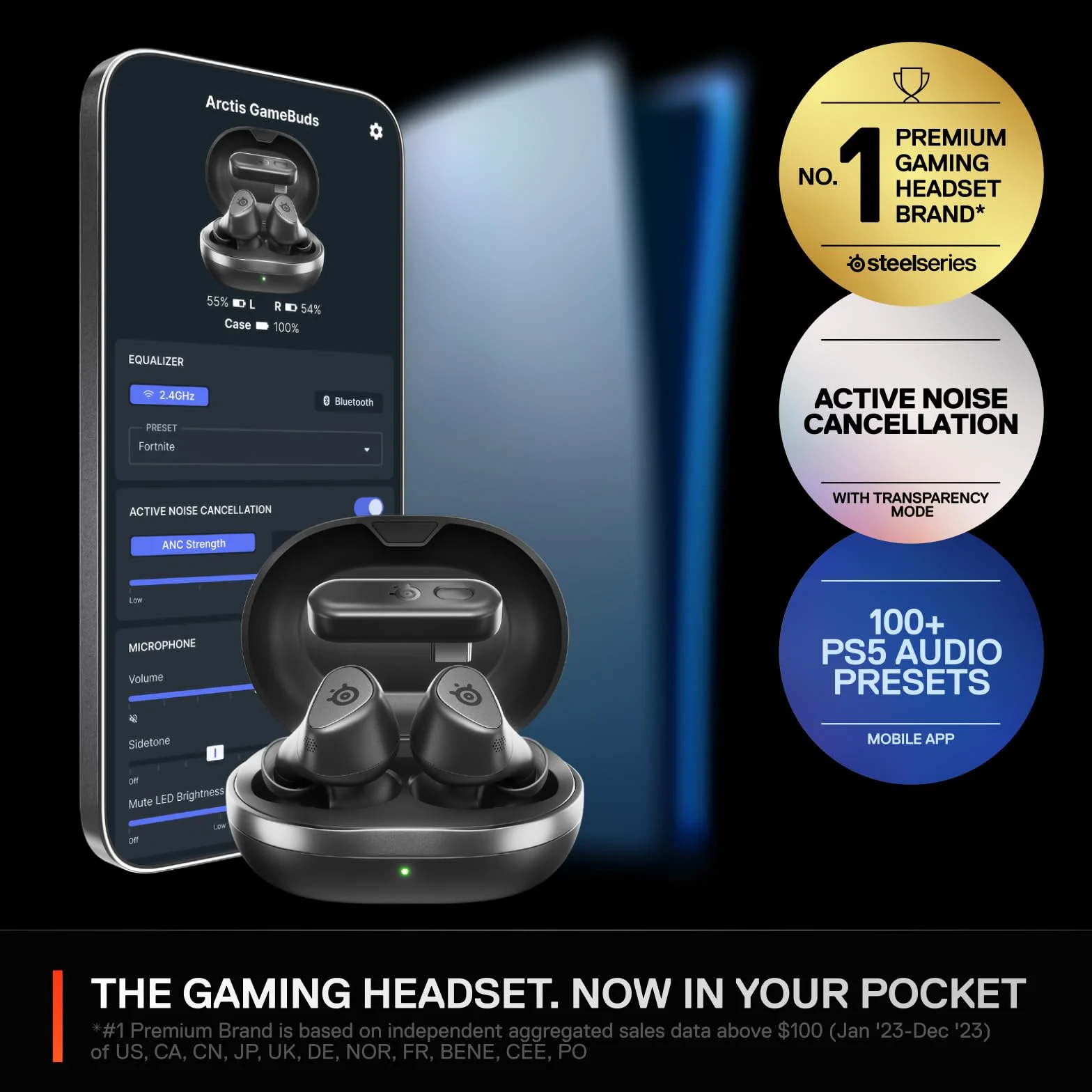 SteelSeries Arctis GameBuds do PlayStation, Bezprzewodowe Słuchawki Douszne do Gier, 2,4 GHz+BT 5.3, ANC/Przezroczystość, Bateria 40 godz., Ładowanie Bezprzewodowe, PS5, PC, Switch, Smartphone
