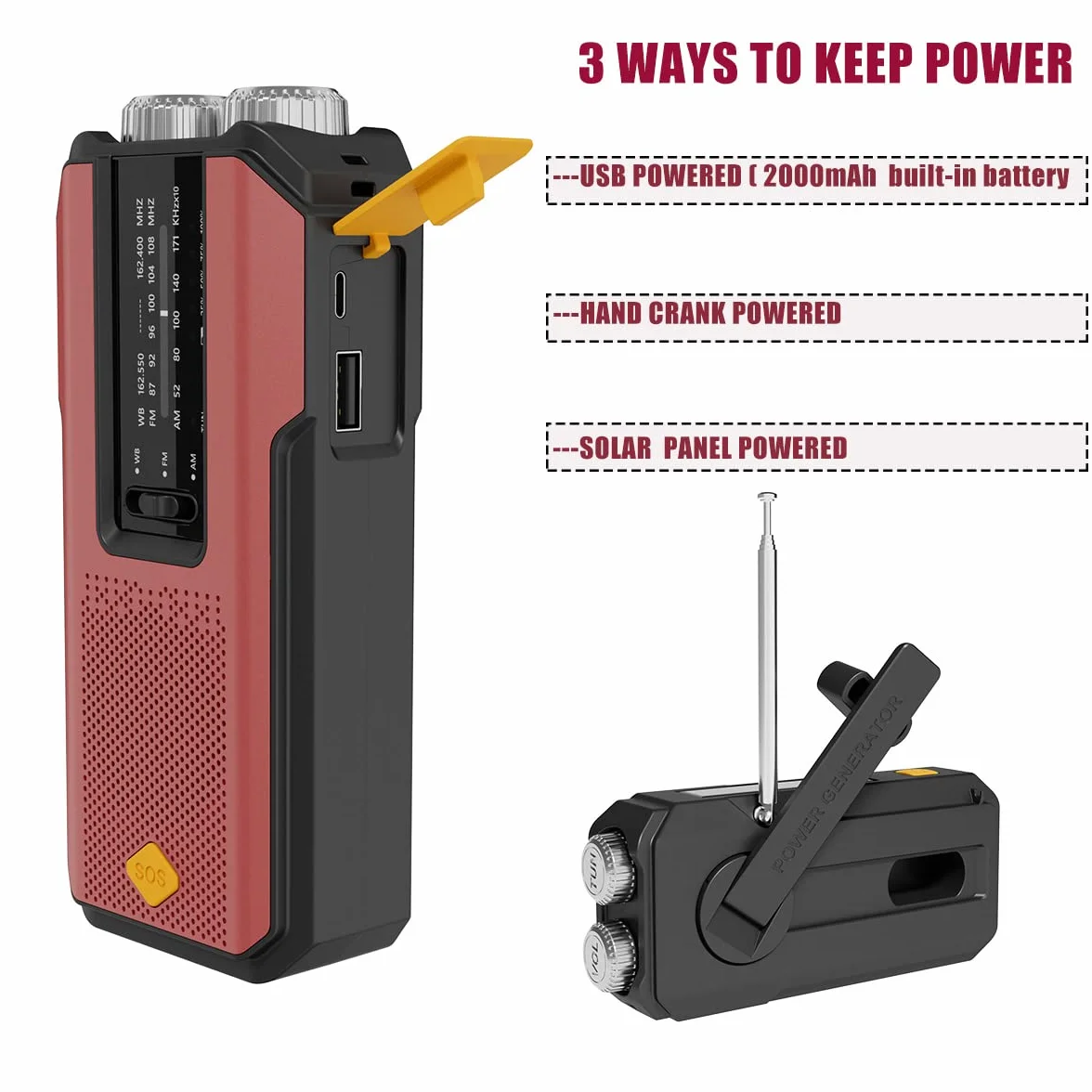 Radio słoneczne pogoda z AM FM NOAA, Przenośny generator energii radia awaryjnego korby 2000mAh, Survival Hurricance Gear 3 Latarka LED, ładowarka do telefonu USB do Camping