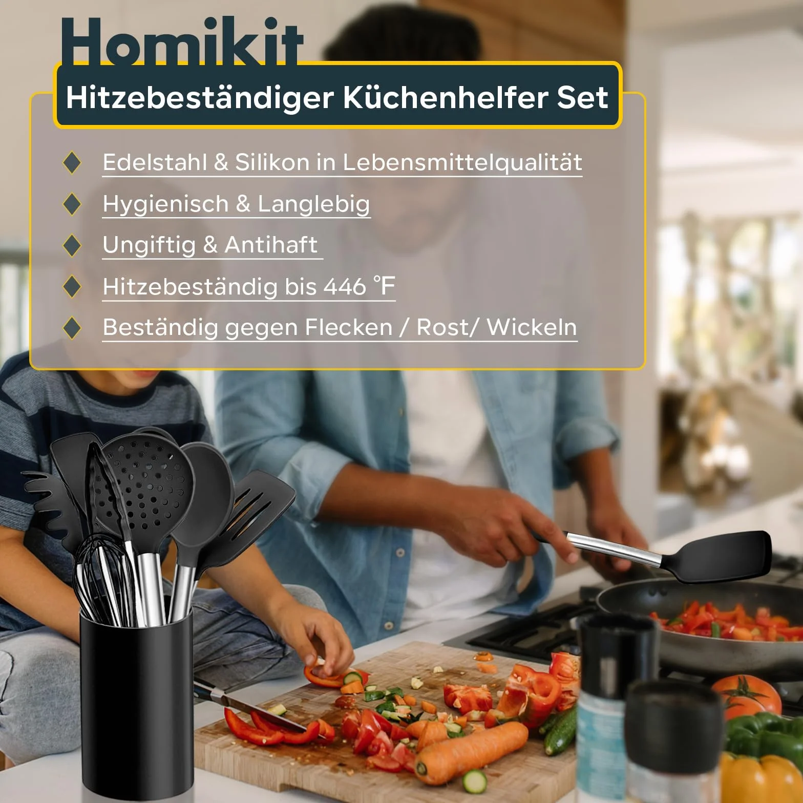Homikit zestaw przyborów kuchennych, 10 sztuk, silikonowe, z uchwytem ze stali nierdzewnej, nieprzywierające, odporne na wysokie temperatury, czarne, nadają się do mycia w zmywarce