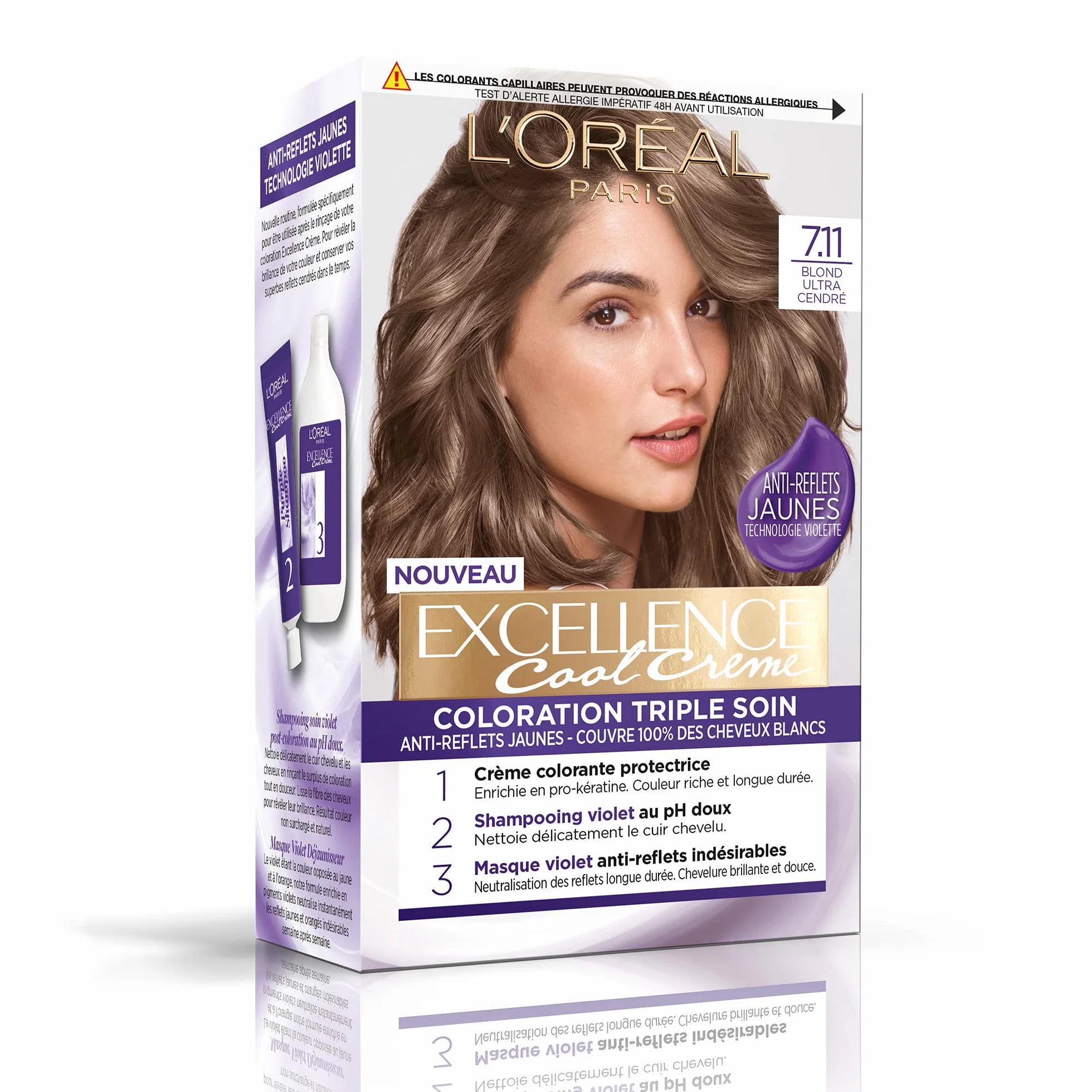 L'ORÉAL PARIS - Długotrwała farba do włosów potrójna pielęgnacja - Żółte antyrefleksyjne - pokrywa 100% białych włosów - doskonałość chłodna kremowa - odcień: Ultra Popielaty blond (7.11)