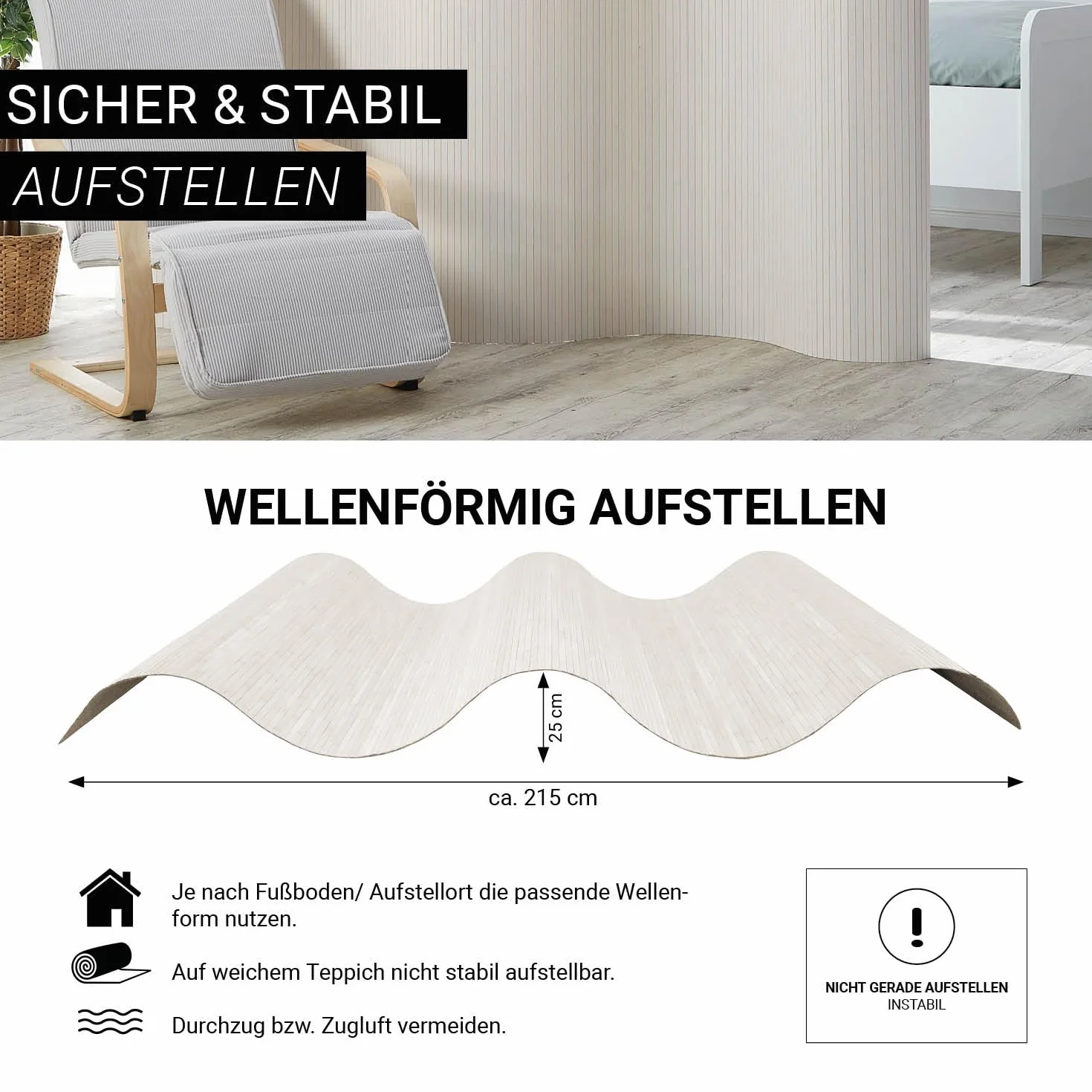 Homestyle4u Parawan przegroda pokojowa bambus biały 195 cm separator na kółkach